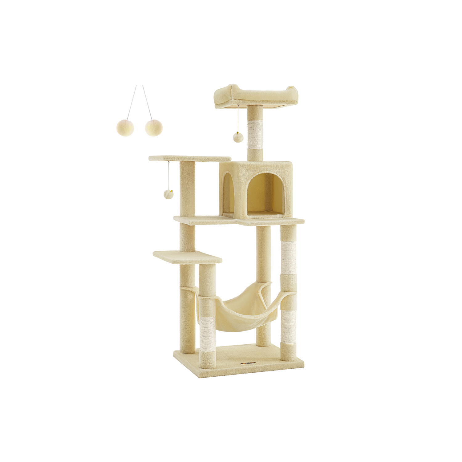Feandrea Cat Tree Height 143 cm Play Tower for Cats with 4 Scratching Posts, 2 Platforms, 1 Kennel, 1 Hammock, 2 Pompoms, Plush Fabric, Multi-Level, Beige