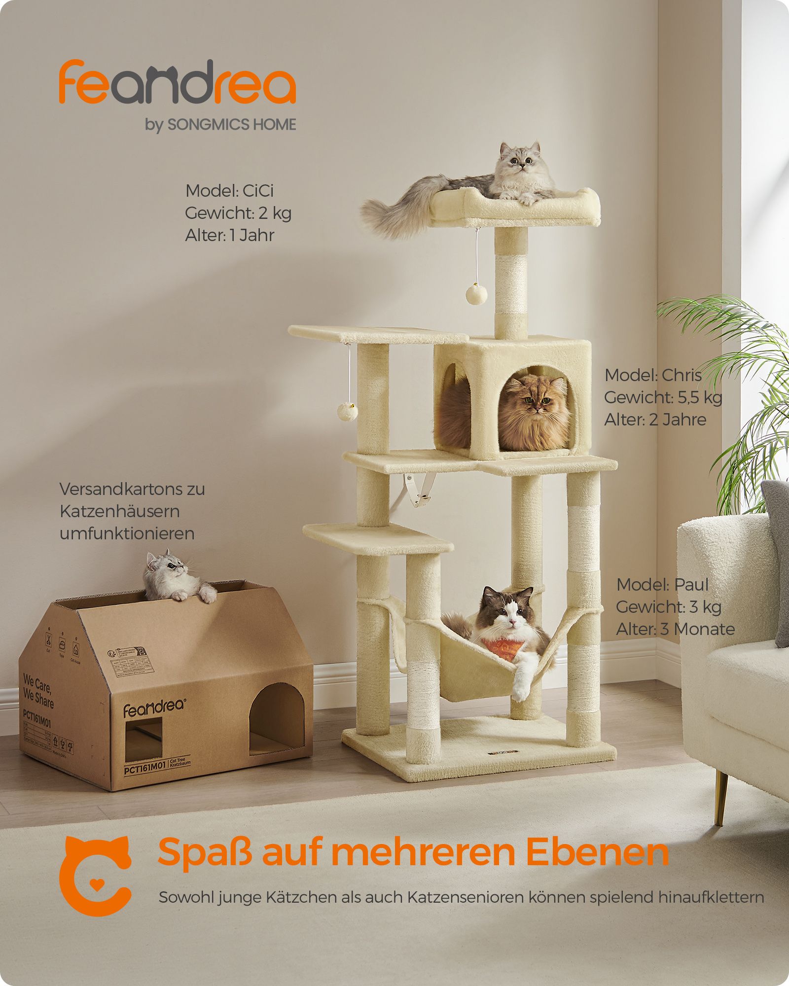 Feandrea Cat Tree Height 143 cm Play Tower for Cats with 4 Scratching Posts, 2 Platforms, 1 Kennel, 1 Hammock, 2 Pompoms, Plush Fabric, Multi-Level, Beige - Image 2