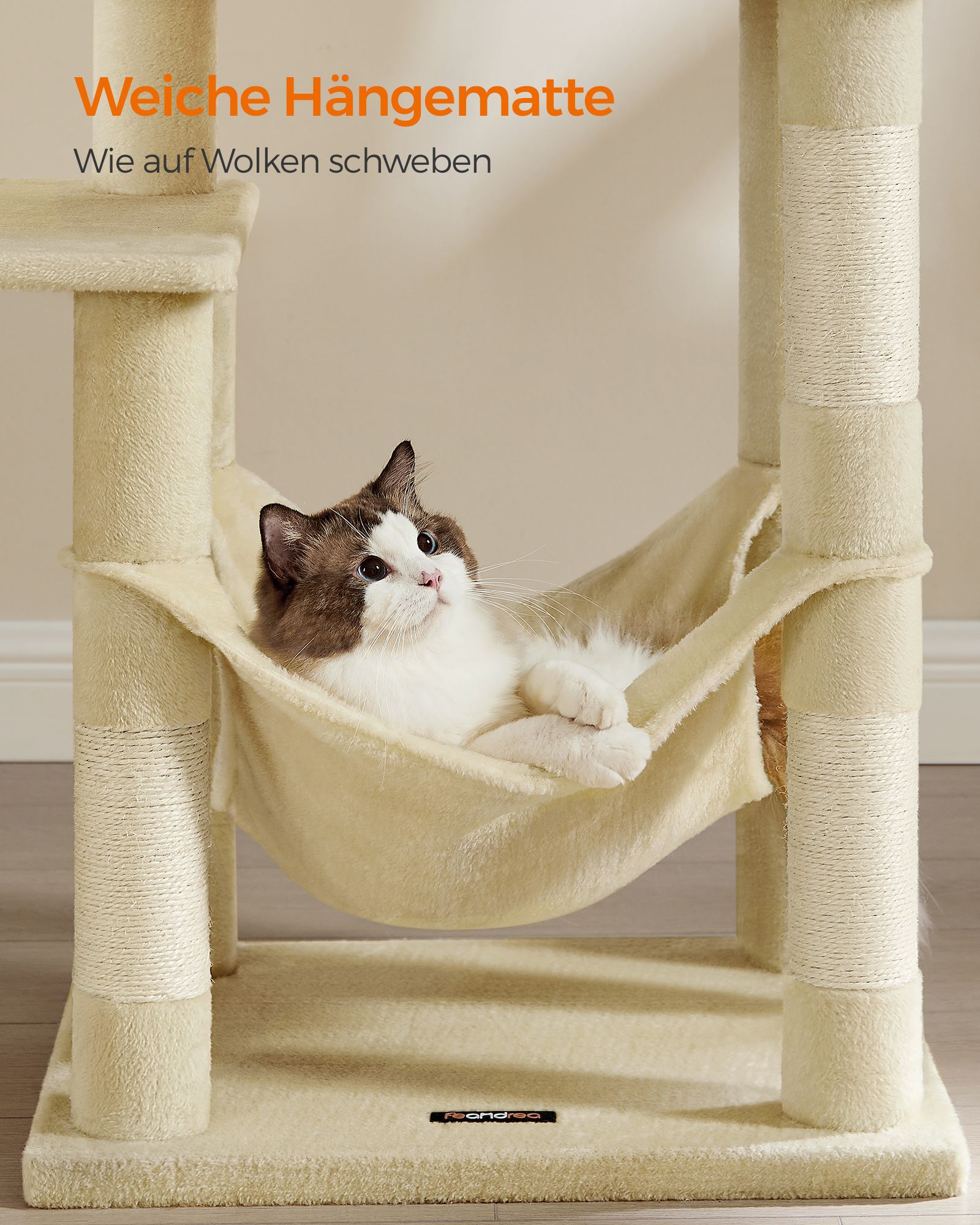 Feandrea Cat Tree Height 143 cm Play Tower for Cats with 4 Scratching Posts, 2 Platforms, 1 Kennel, 1 Hammock, 2 Pompoms, Plush Fabric, Multi-Level, Beige - Image 4