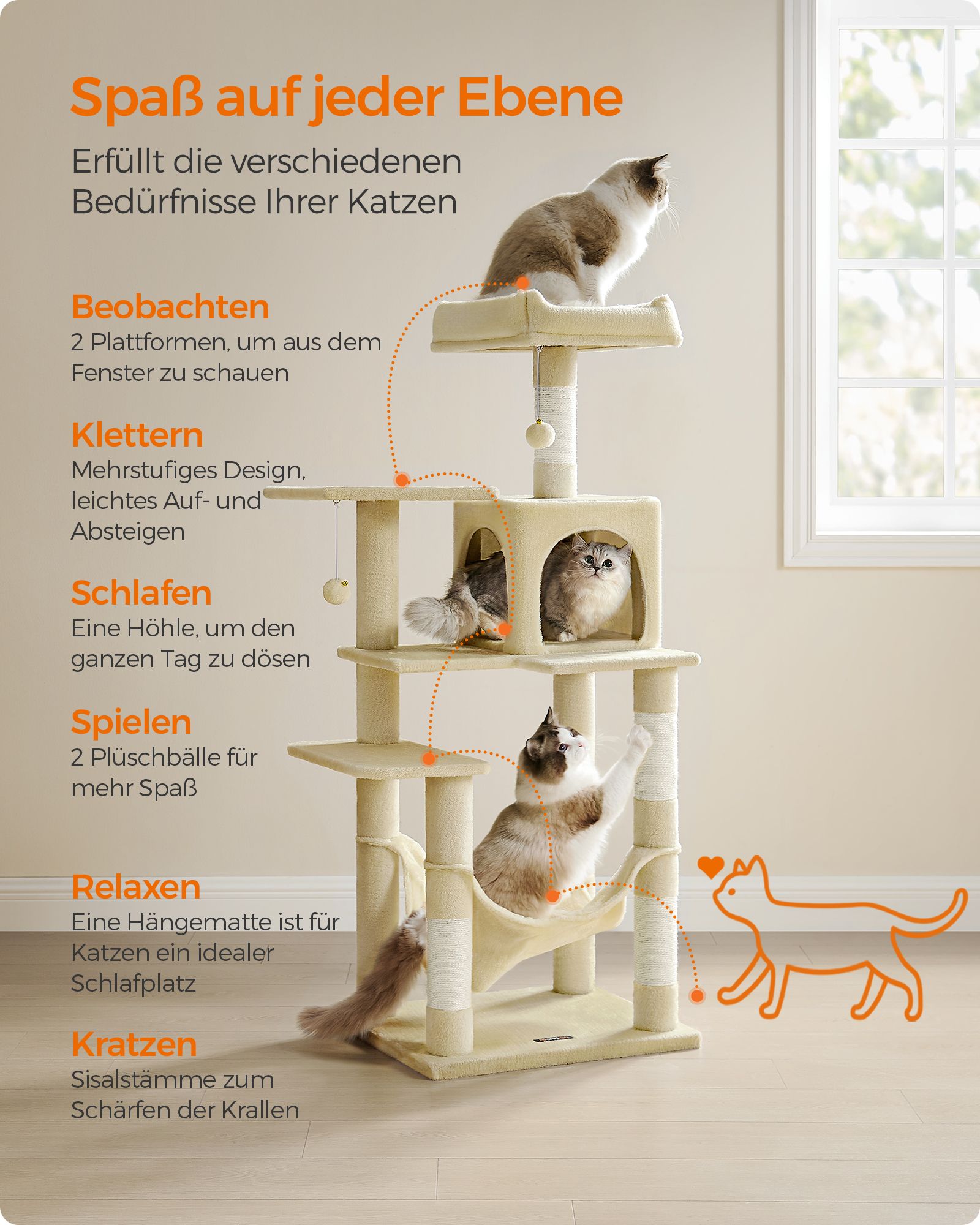 Feandrea Cat Tree Height 143 cm Play Tower for Cats with 4 Scratching Posts, 2 Platforms, 1 Kennel, 1 Hammock, 2 Pompoms, Plush Fabric, Multi-Level, Beige - Image 5