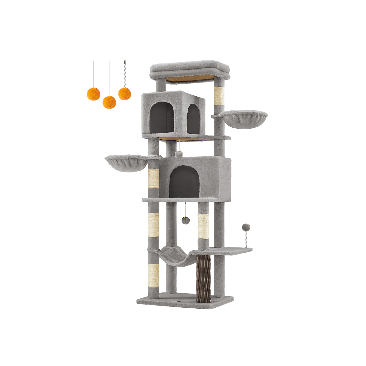 Feandrea Large Cat Tree, 175 cm Tall Cat Tower, Multi-Level Cat Condo with 2 Caves, 2 Baskets, 5 Scratching Posts, Self-Groomer, Perch, Hammock, for Indoor Cats, Dove Grey