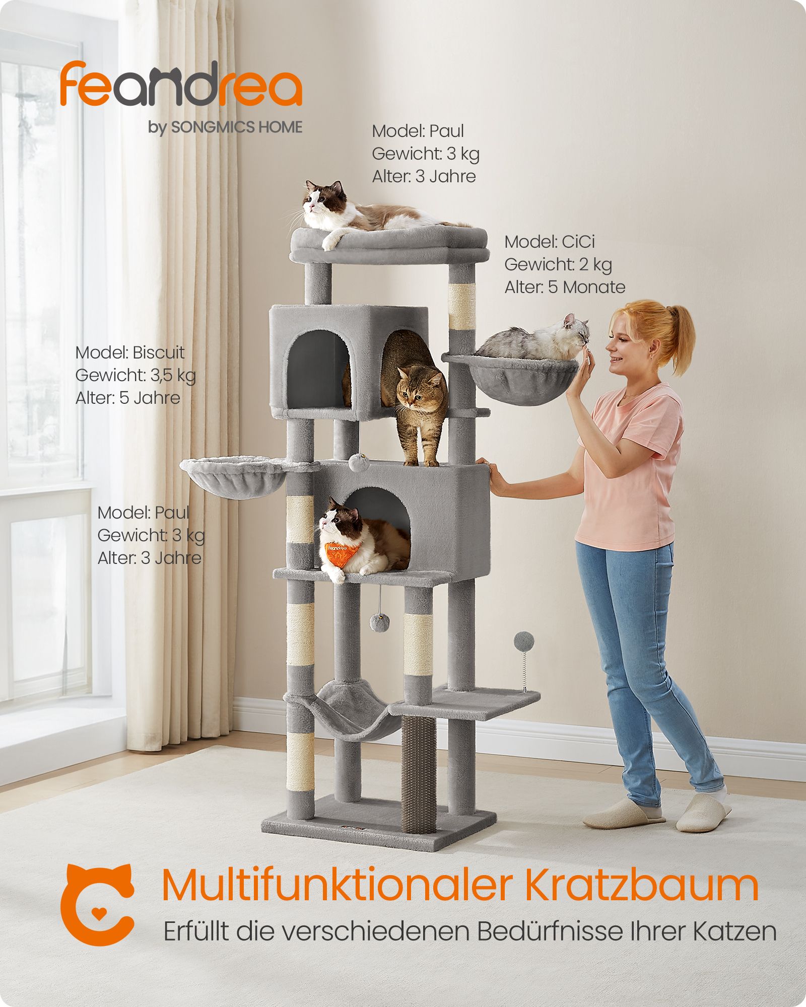 Feandrea Large Cat Tree, 175 cm Tall Cat Tower, Multi-Level Cat Condo with 2 Caves, 2 Baskets, 5 Scratching Posts, Self-Groomer, Perch, Hammock, for Indoor Cats, Dove Grey - Image 2