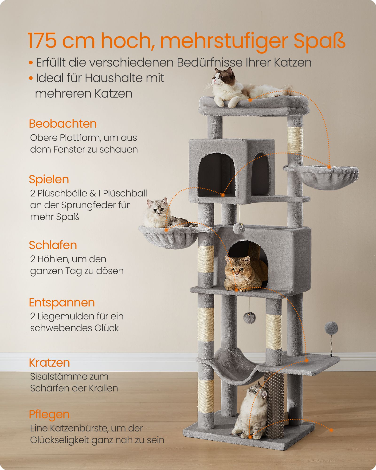 Feandrea Large Cat Tree, 175 cm Tall Cat Tower, Multi-Level Cat Condo with 2 Caves, 2 Baskets, 5 Scratching Posts, Self-Groomer, Perch, Hammock, for Indoor Cats, Dove Grey - Image 3