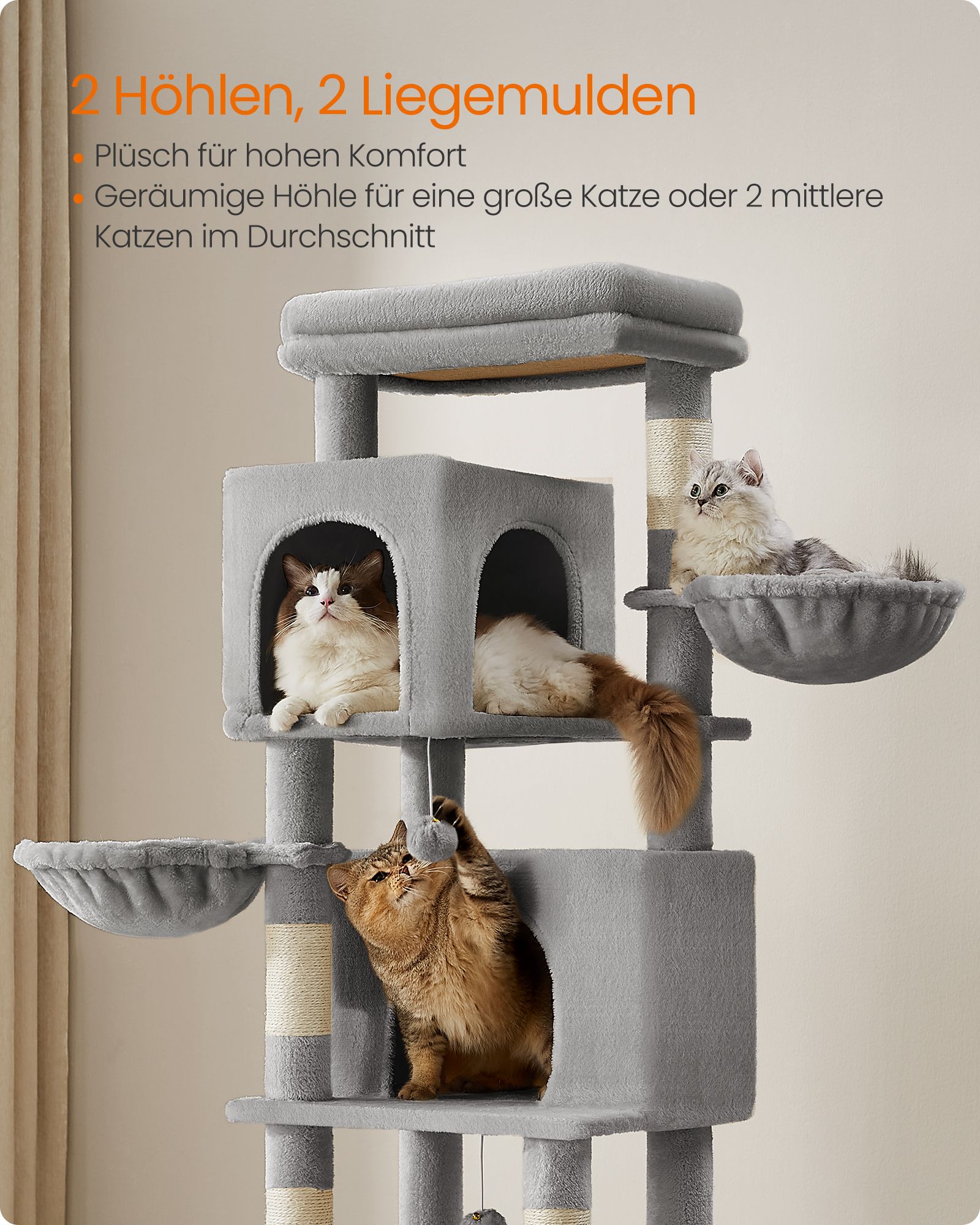 Feandrea Large Cat Tree, 175 cm Tall Cat Tower, Multi-Level Cat Condo with 2 Caves, 2 Baskets, 5 Scratching Posts, Self-Groomer, Perch, Hammock, for Indoor Cats, Dove Grey - Image 4