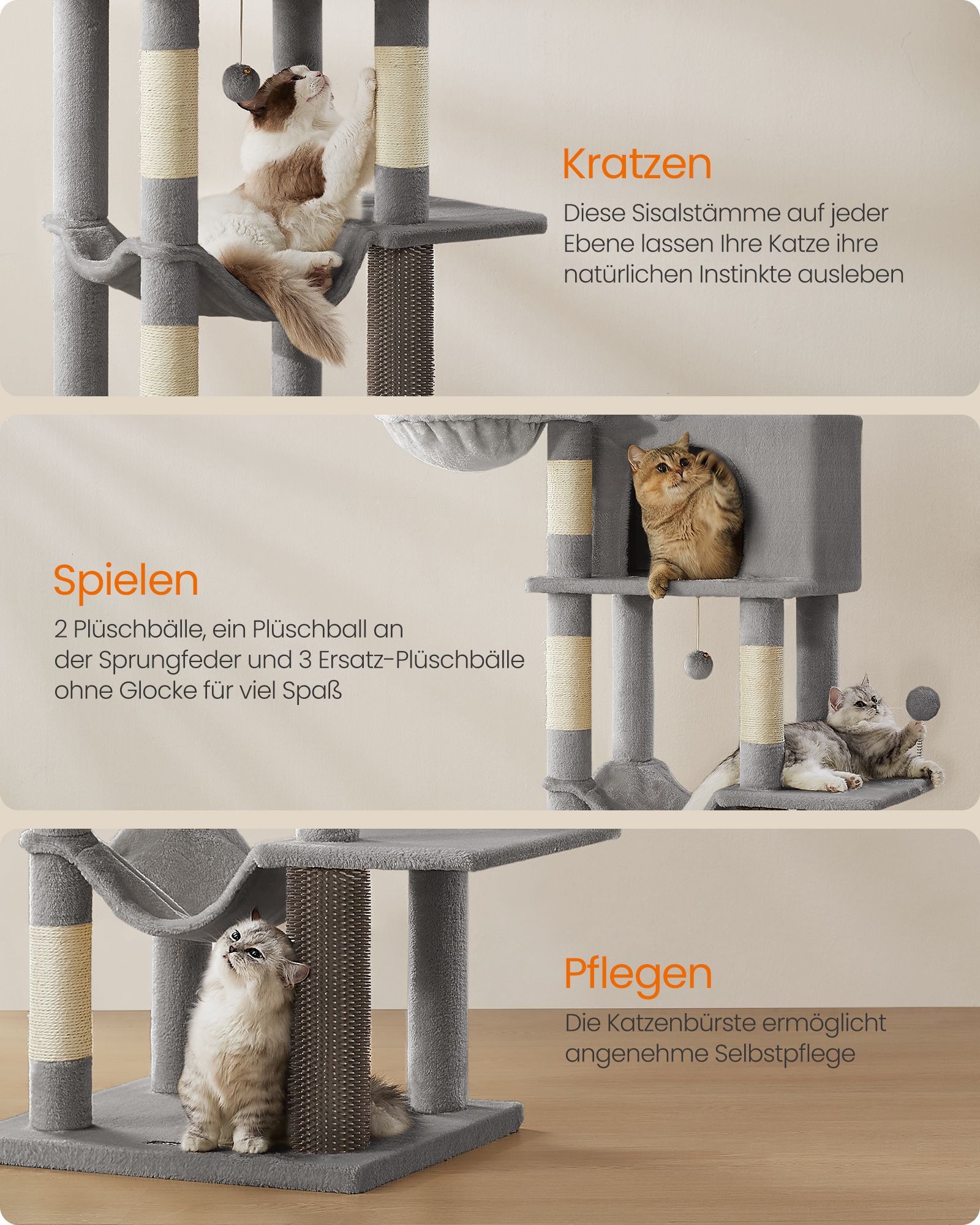 Feandrea Large Cat Tree, 175 cm Tall Cat Tower, Multi-Level Cat Condo with 2 Caves, 2 Baskets, 5 Scratching Posts, Self-Groomer, Perch, Hammock, for Indoor Cats, Dove Grey - Image 5