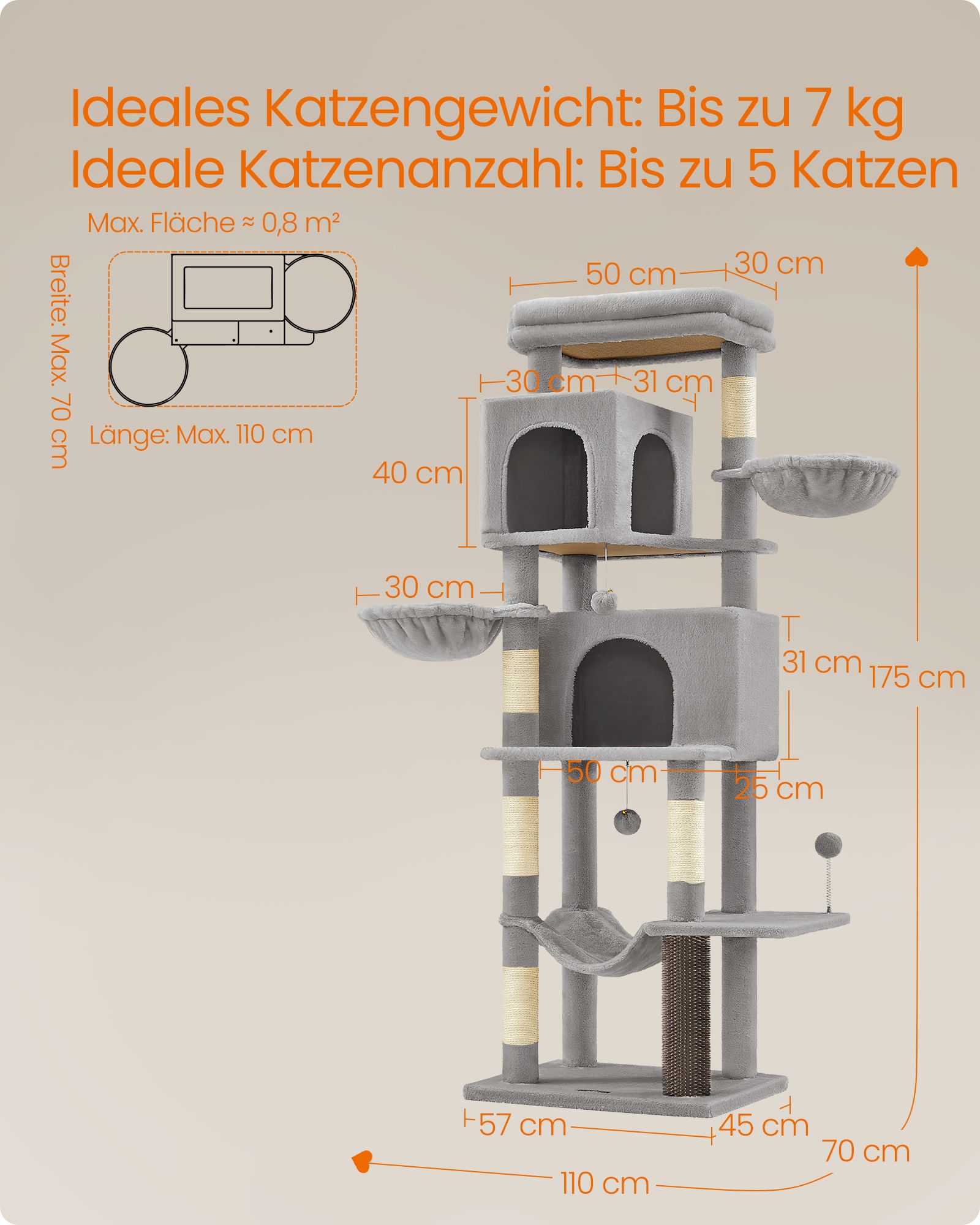Feandrea Large Cat Tree, 175 cm Tall Cat Tower, Multi-Level Cat Condo with 2 Caves, 2 Baskets, 5 Scratching Posts, Self-Groomer, Perch, Hammock, for Indoor Cats, Dove Grey - Image 6