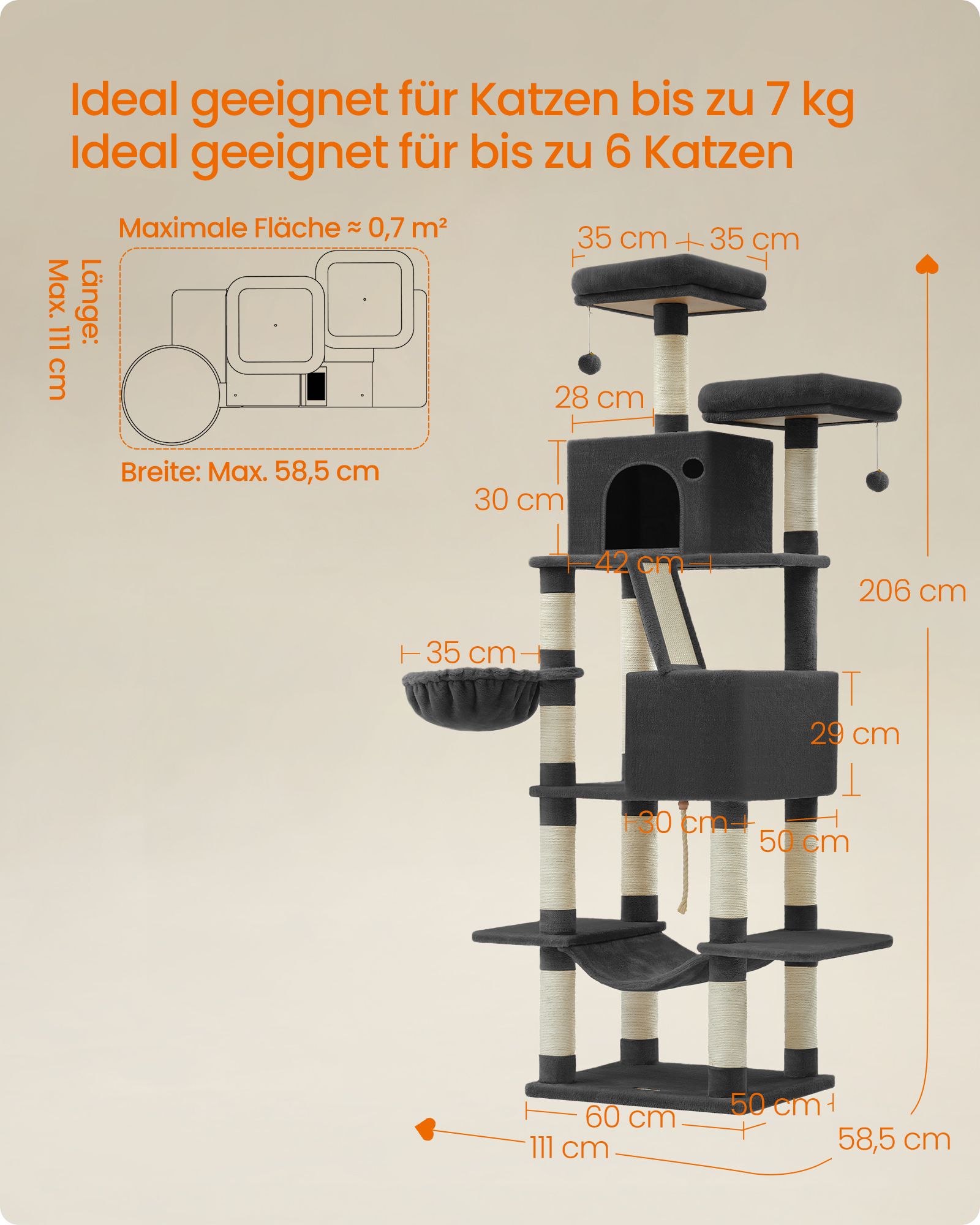 Scratching post large 206 cm high multi-storey ink black - Image 6