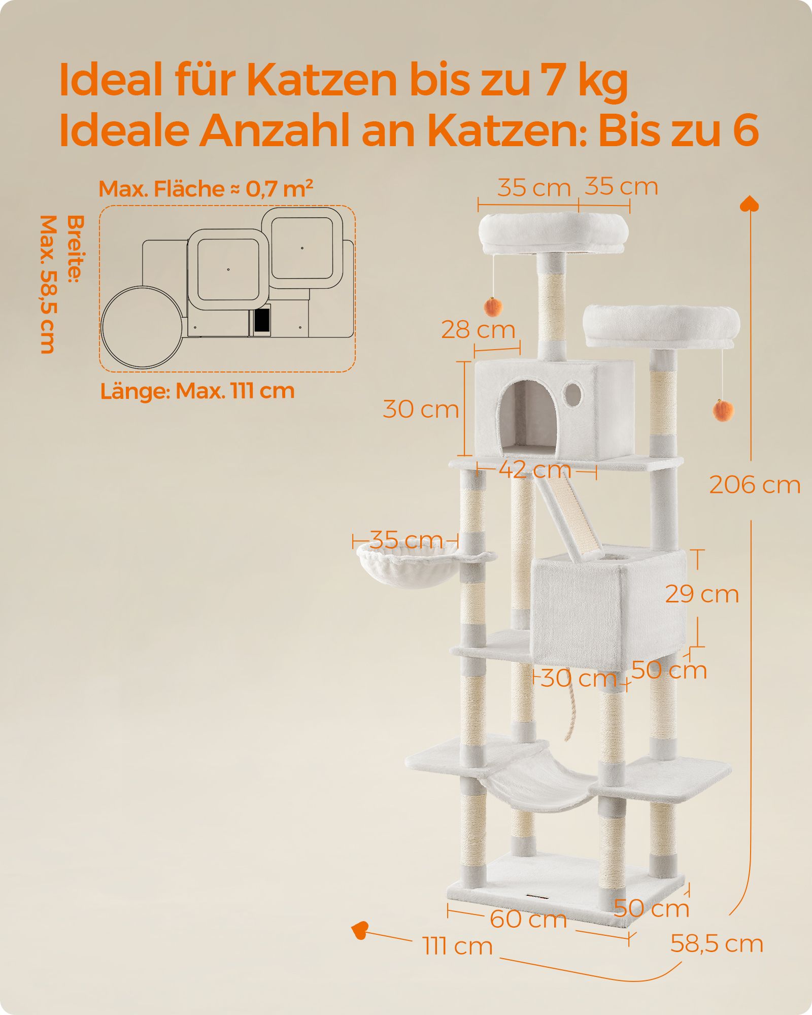 Kradsetræ stor 2 platforme plysbolde beige - Billede 6
