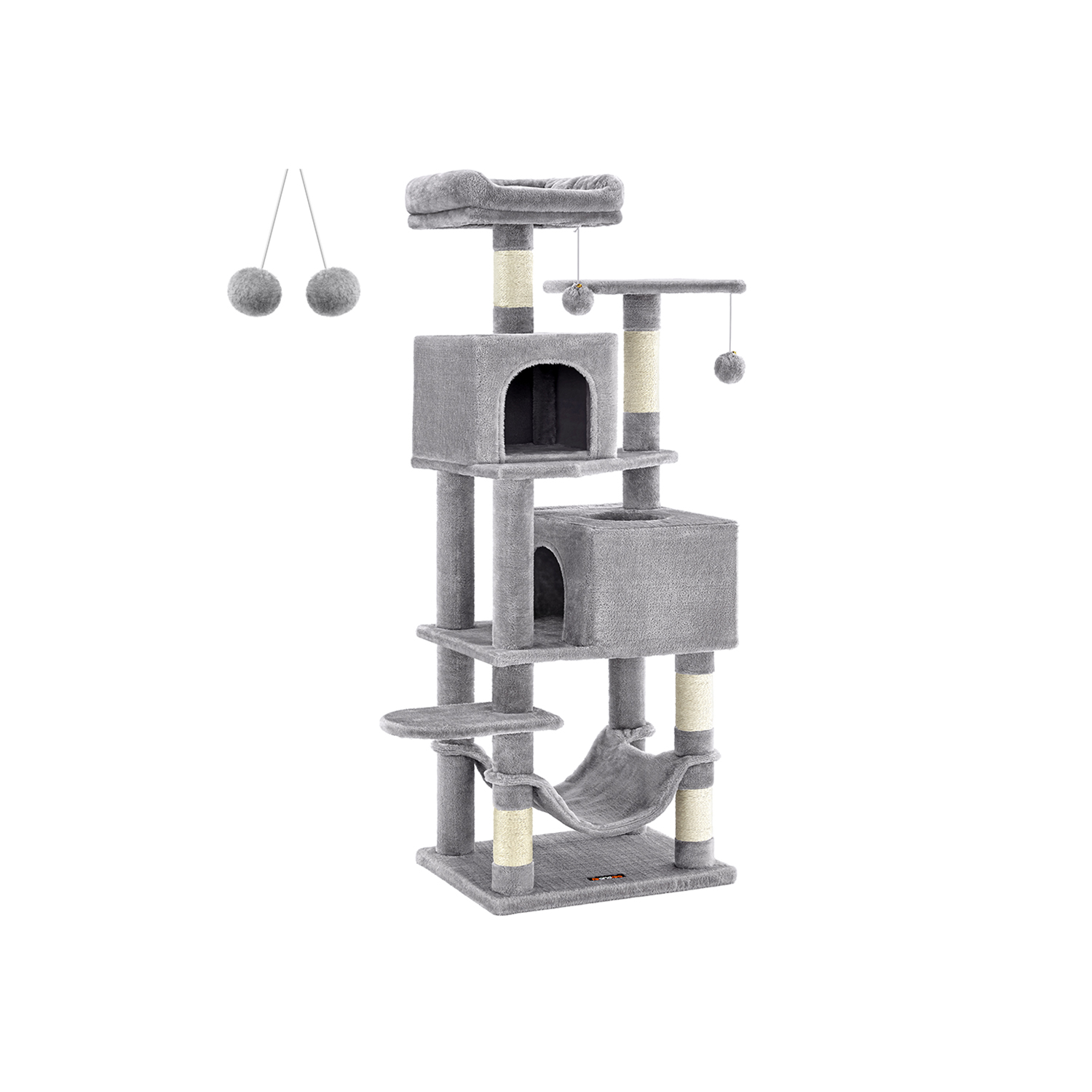 Feandrea Cat Tree, 155 cm Cat Tower for Indoor Cats, Plush Multi-Level Cat Condo with 5 Scratching Posts, 2 Caves, Hammock, 2 Pompoms, Light Grey PCT192W01