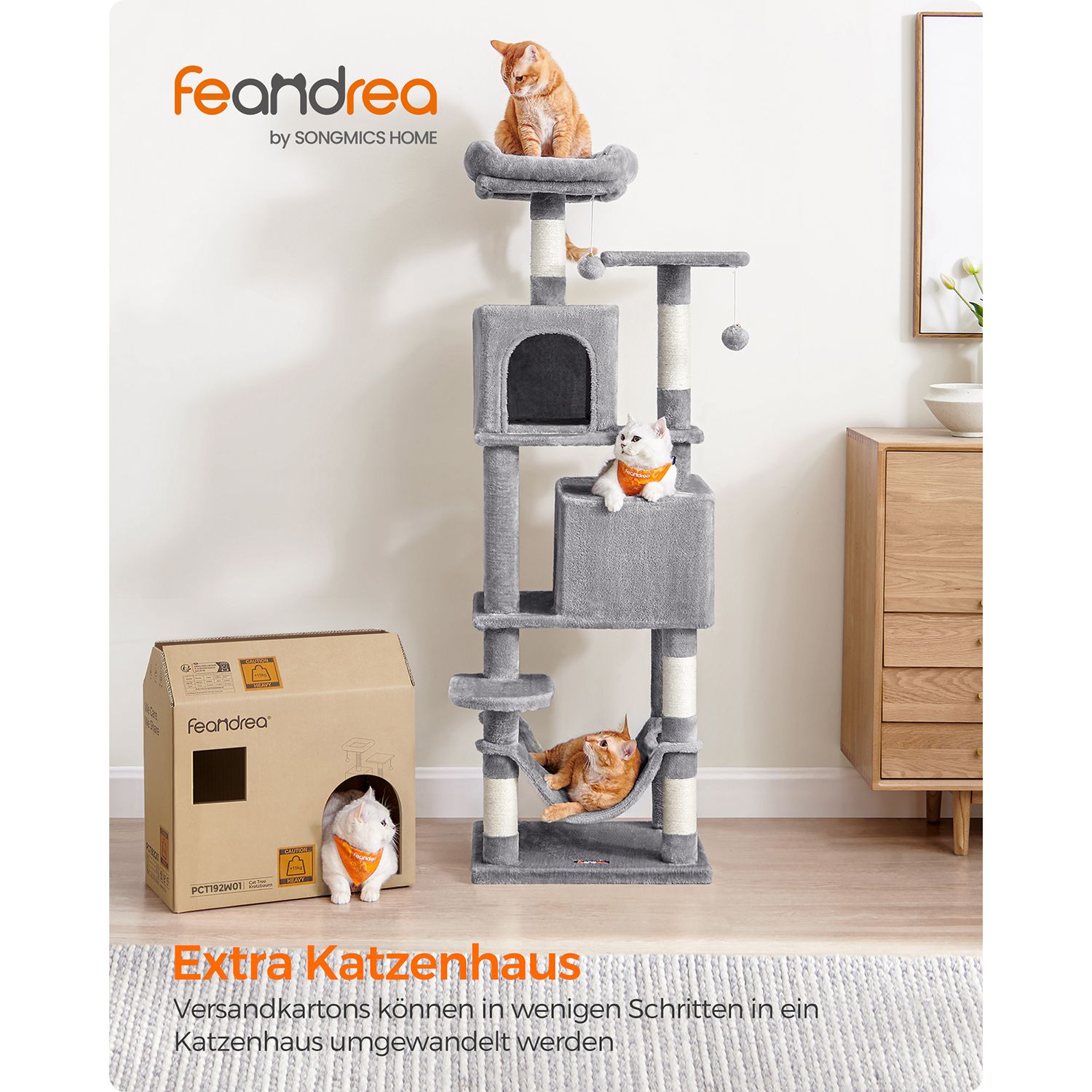 Feandrea Cat Tree, 155 cm Cat Tower for Indoor Cats, Plush Multi-Level Cat Condo with 5 Scratching Posts, 2 Caves, Hammock, 2 Pompoms, Light Grey PCT192W01 - Image 2