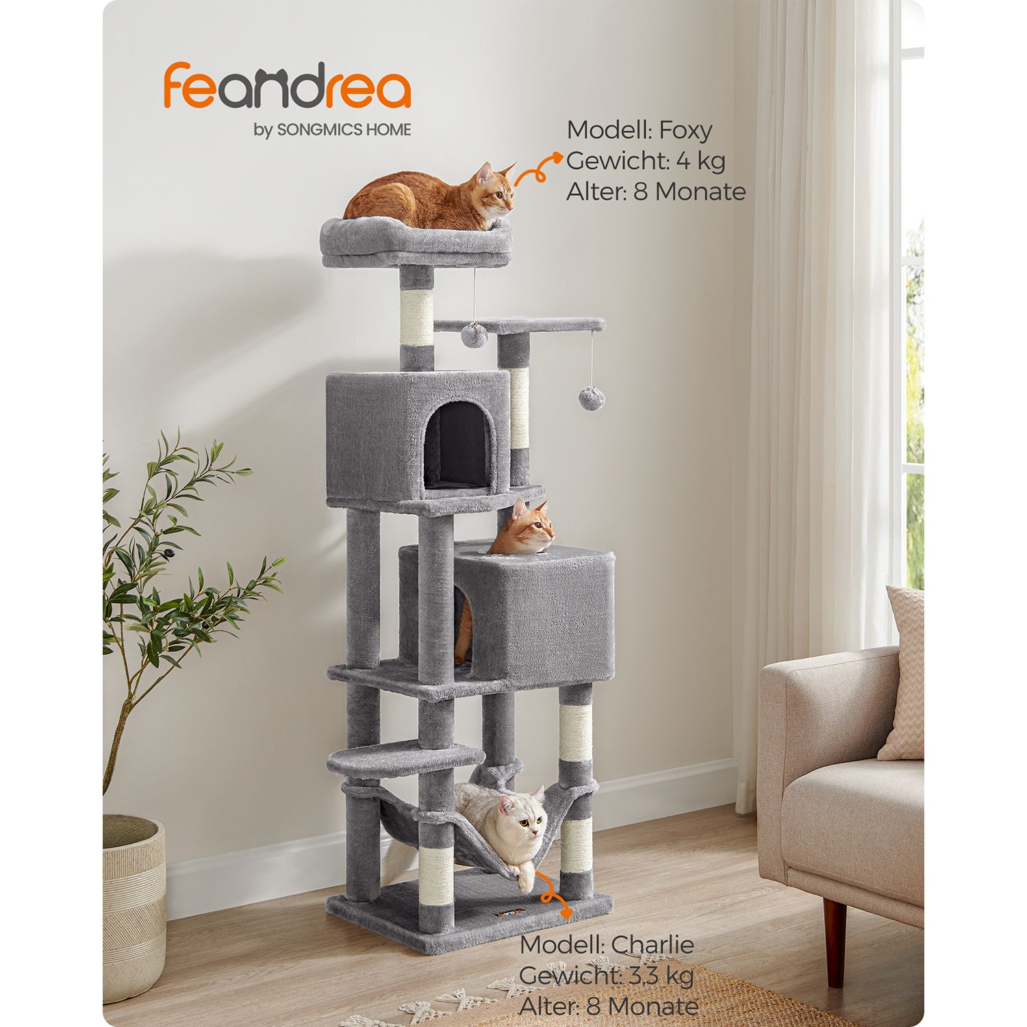 Feandrea Cat Tree, 155 cm Cat Tower for Indoor Cats, Plush Multi-Level Cat Condo with 5 Scratching Posts, 2 Caves, Hammock, 2 Pompoms, Light Grey PCT192W01 - Image 3