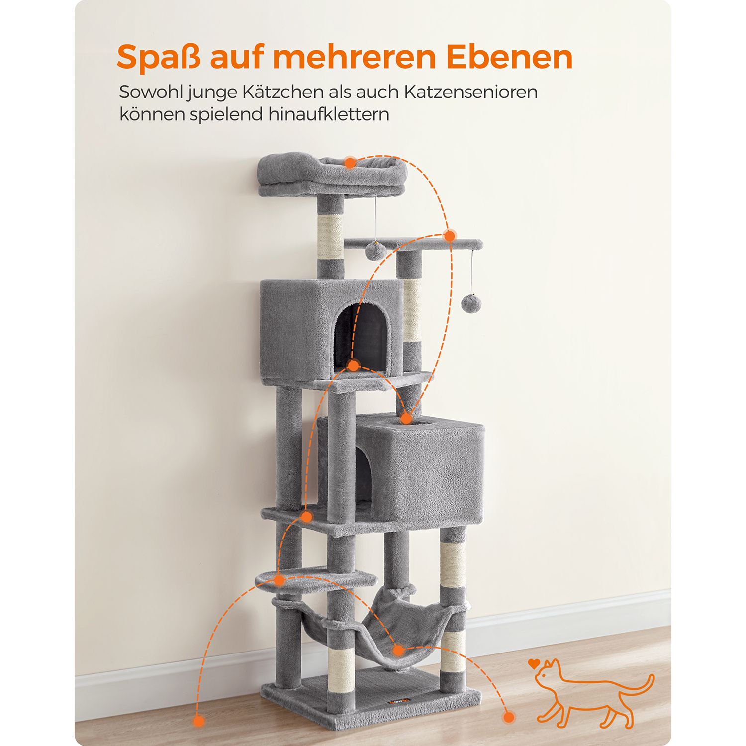 Feandrea Cat Tree, 155 cm Cat Tower for Indoor Cats, Plush Multi-Level Cat Condo with 5 Scratching Posts, 2 Caves, Hammock, 2 Pompoms, Light Grey PCT192W01 - Image 4