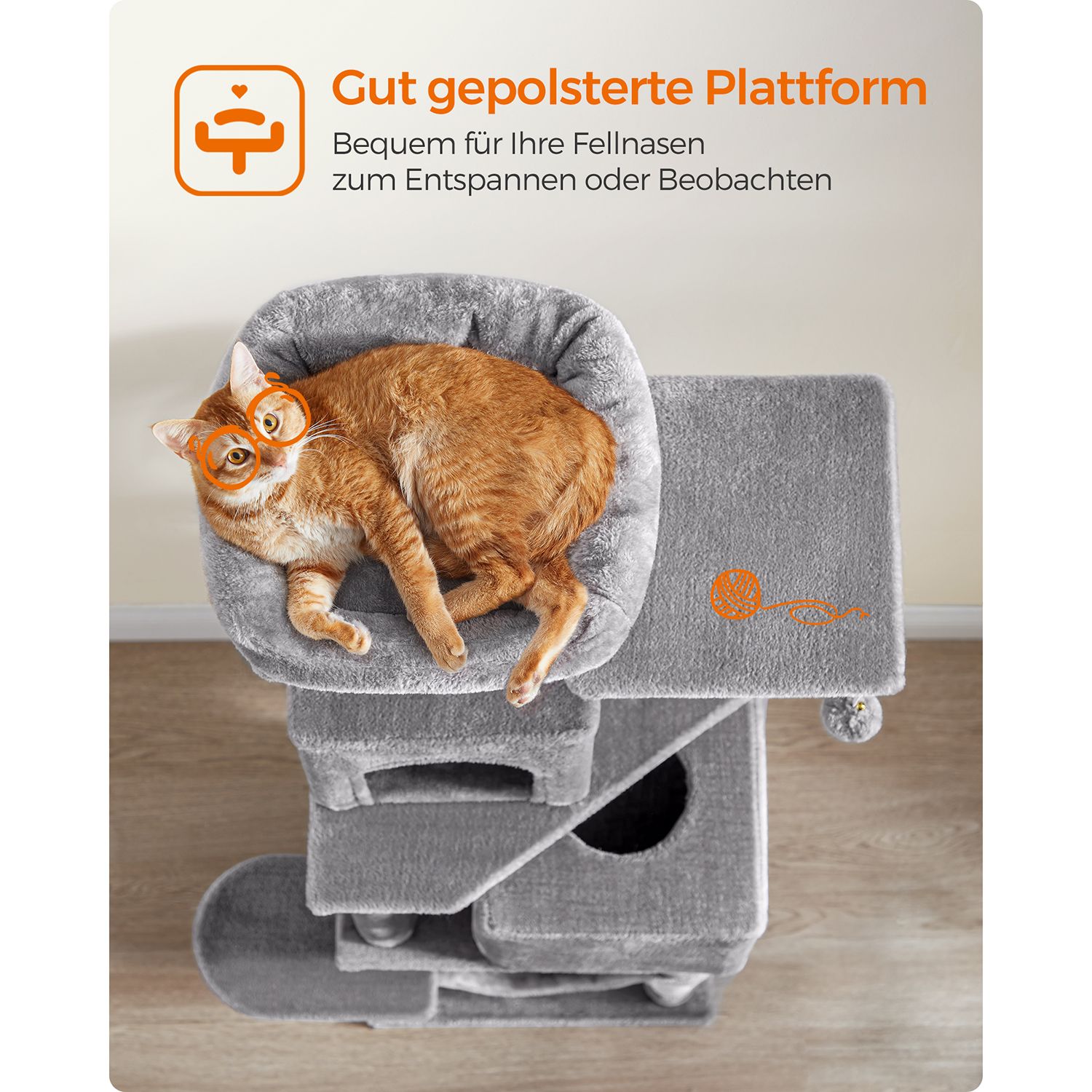 Feandrea Cat Tree, 155 cm Cat Tower for Indoor Cats, Plush Multi-Level Cat Condo with 5 Scratching Posts, 2 Caves, Hammock, 2 Pompoms, Light Grey PCT192W01 - Image 5