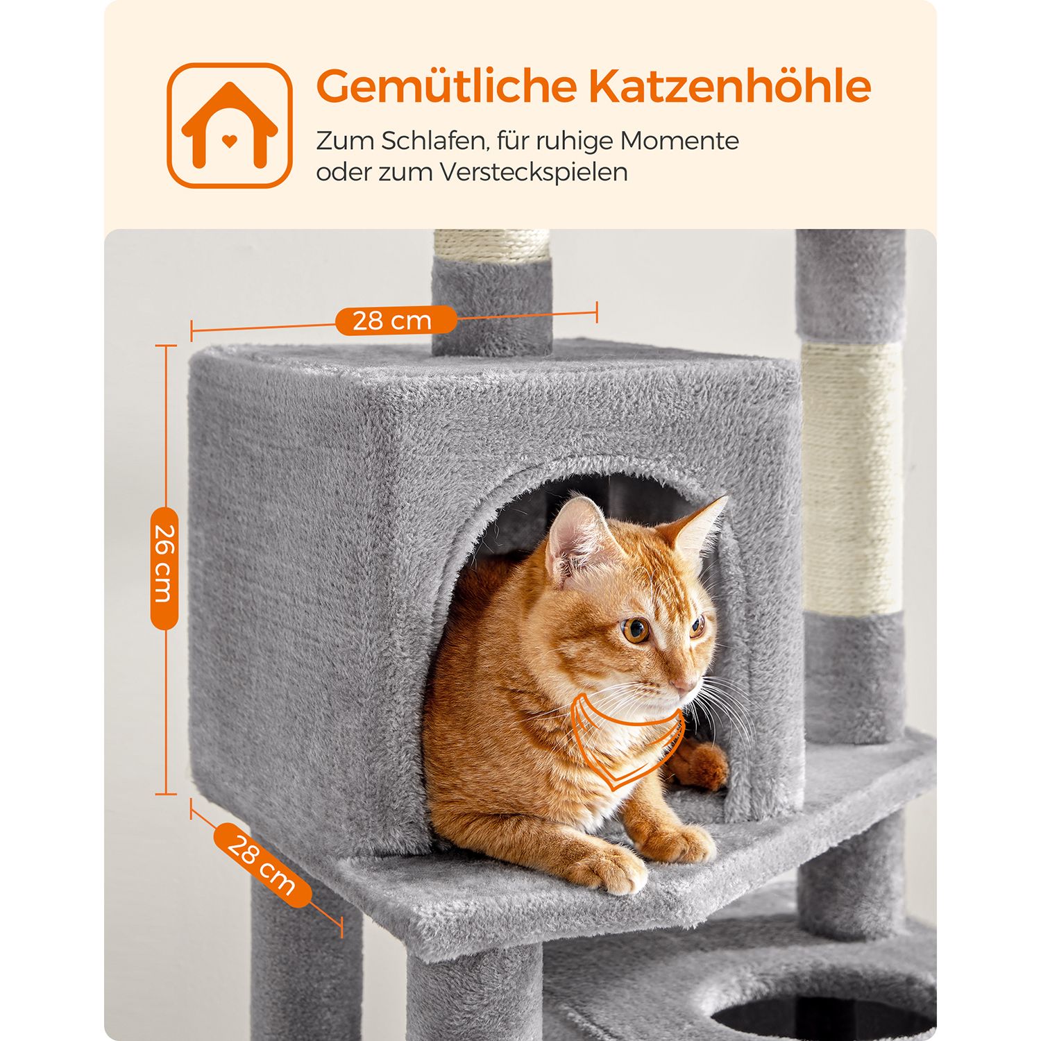 Feandrea Cat Tree, 155 cm Cat Tower for Indoor Cats, Plush Multi-Level Cat Condo with 5 Scratching Posts, 2 Caves, Hammock, 2 Pompoms, Light Grey PCT192W01 - Image 6