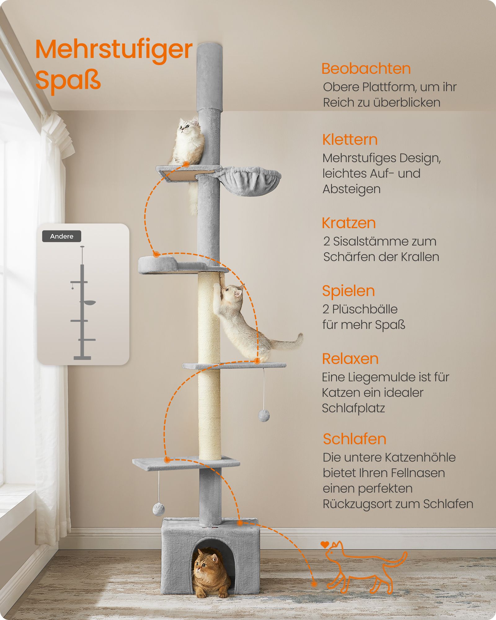 Cat tree ceiling-high 231-291 cm height-adjustable light grey - Image 3
