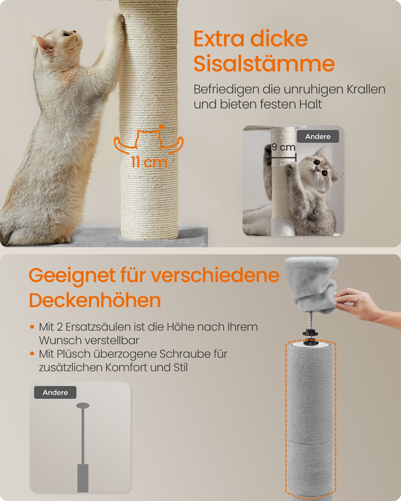 Cat tree ceiling-high 231-291 cm height-adjustable light grey - Image 4