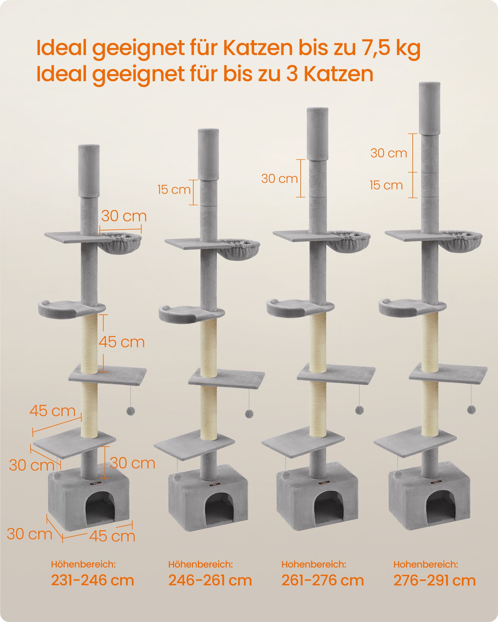 Cat tree ceiling-high 231-291 cm height-adjustable light grey - Image 6