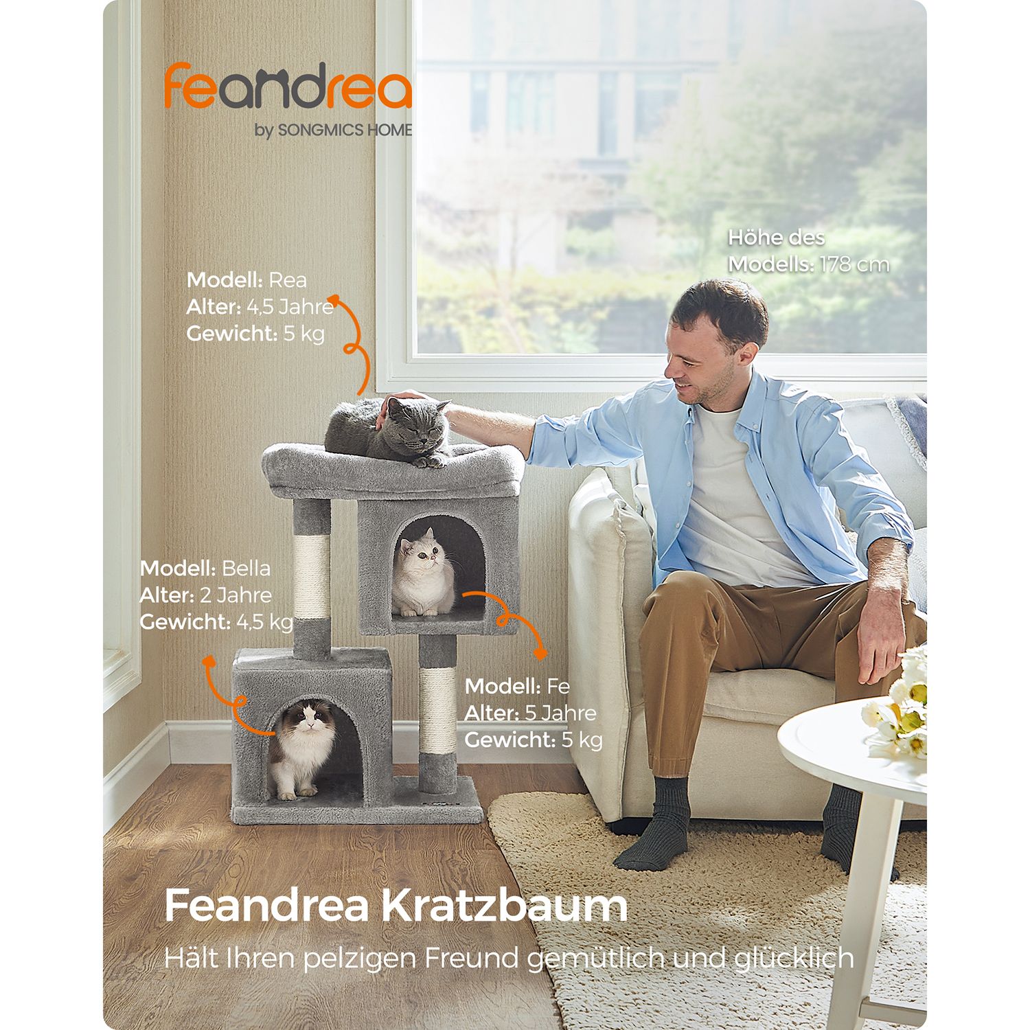 Feandrea Cat Tree, 74 cm Cat Tower, M, Cat Condo for Medium Cats up to 5 kg, Large Cat Perch, 2 Cat Caves, Scratching Post, Light Grey - Image 2