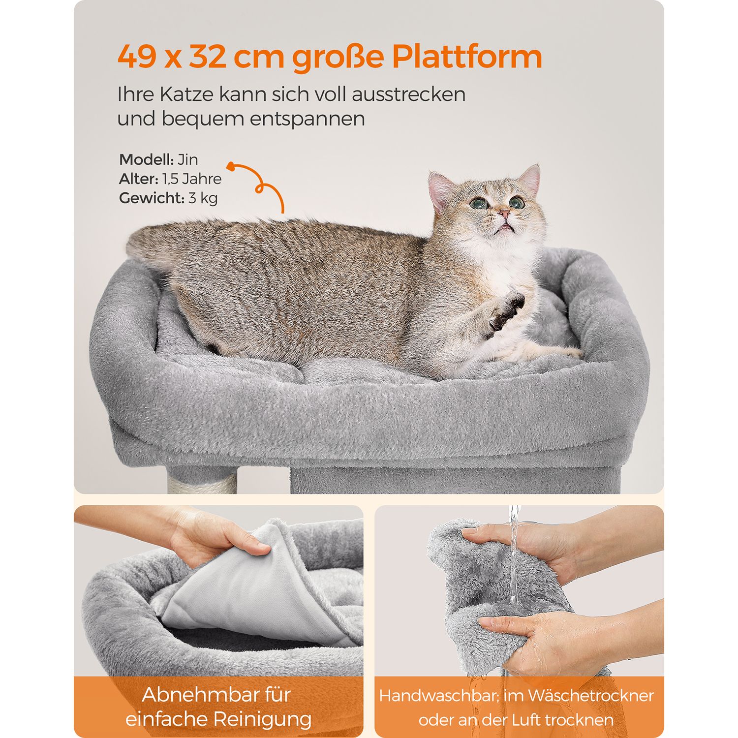 Feandrea Cat Tree, 74 cm Cat Tower, M, Cat Condo for Medium Cats up to 5 kg, Large Cat Perch, 2 Cat Caves, Scratching Post, Light Grey - Image 3