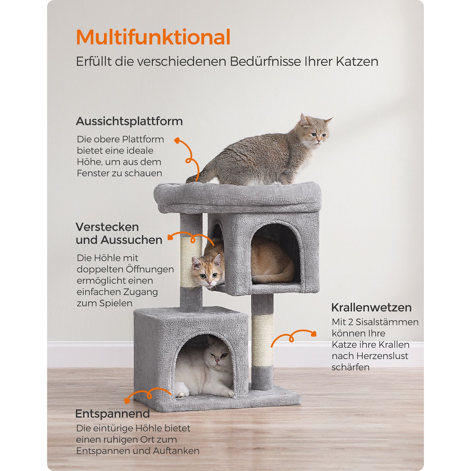 Feandrea Cat Tree, 74 cm Cat Tower, M, Cat Condo for Medium Cats up to 5 kg, Large Cat Perch, 2 Cat Caves, Scratching Post, Light Grey - Image 4