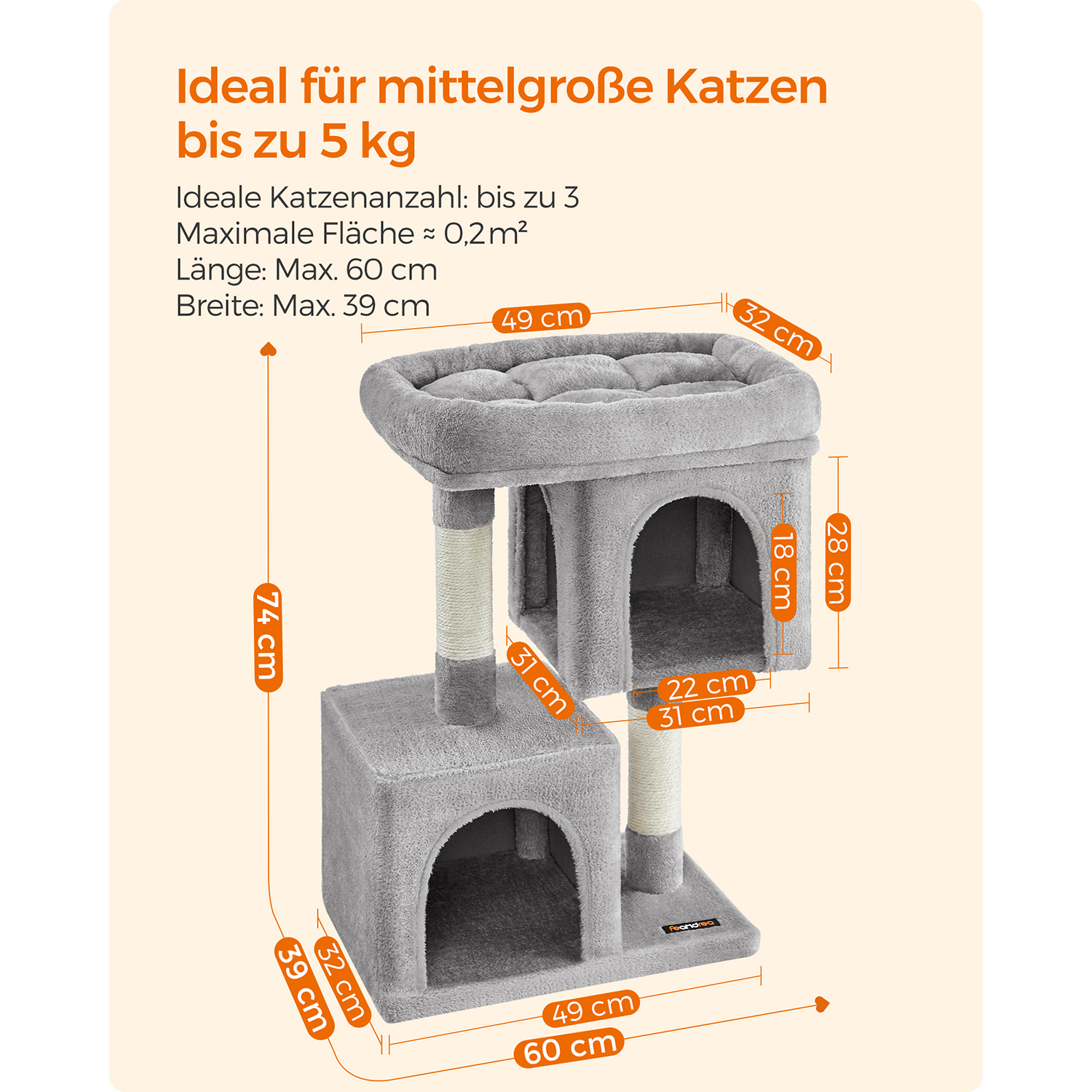 Feandrea Cat Tree, 74 cm Cat Tower, M, Cat Condo for Medium Cats up to 5 kg, Large Cat Perch, 2 Cat Caves, Scratching Post, Light Grey - Image 6