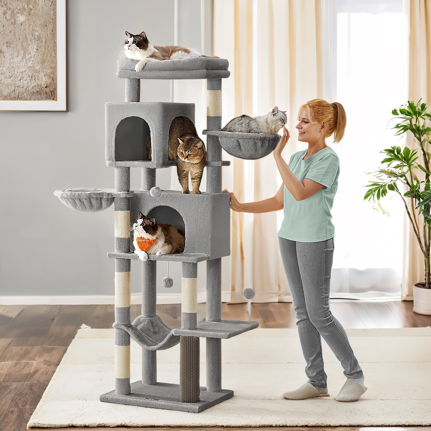 Scratching post, 175 cm high, multi-storey cat tree with 2 caves,