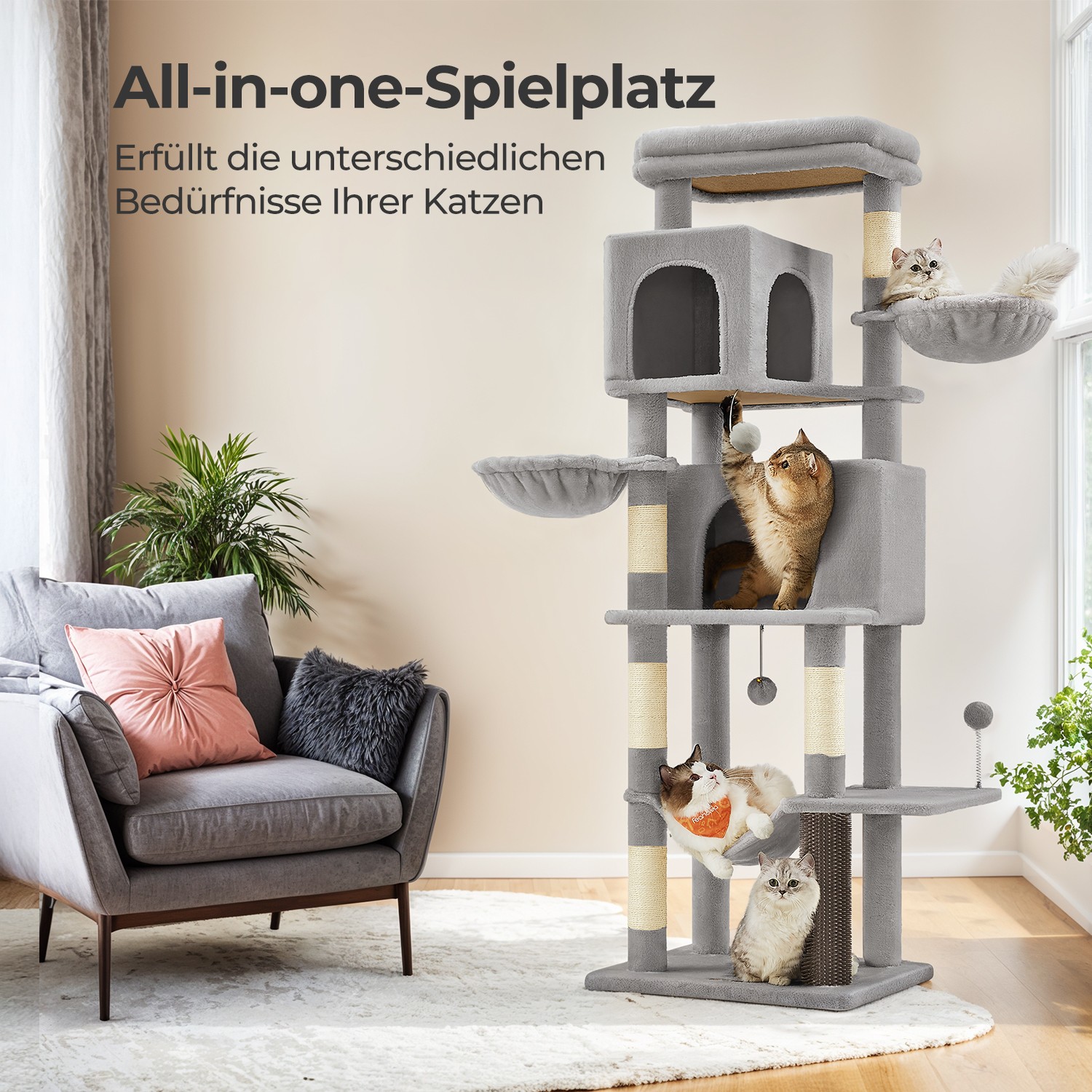 Scratching post, 175 cm high, multi-storey cat tree with 2 caves, - Image 2