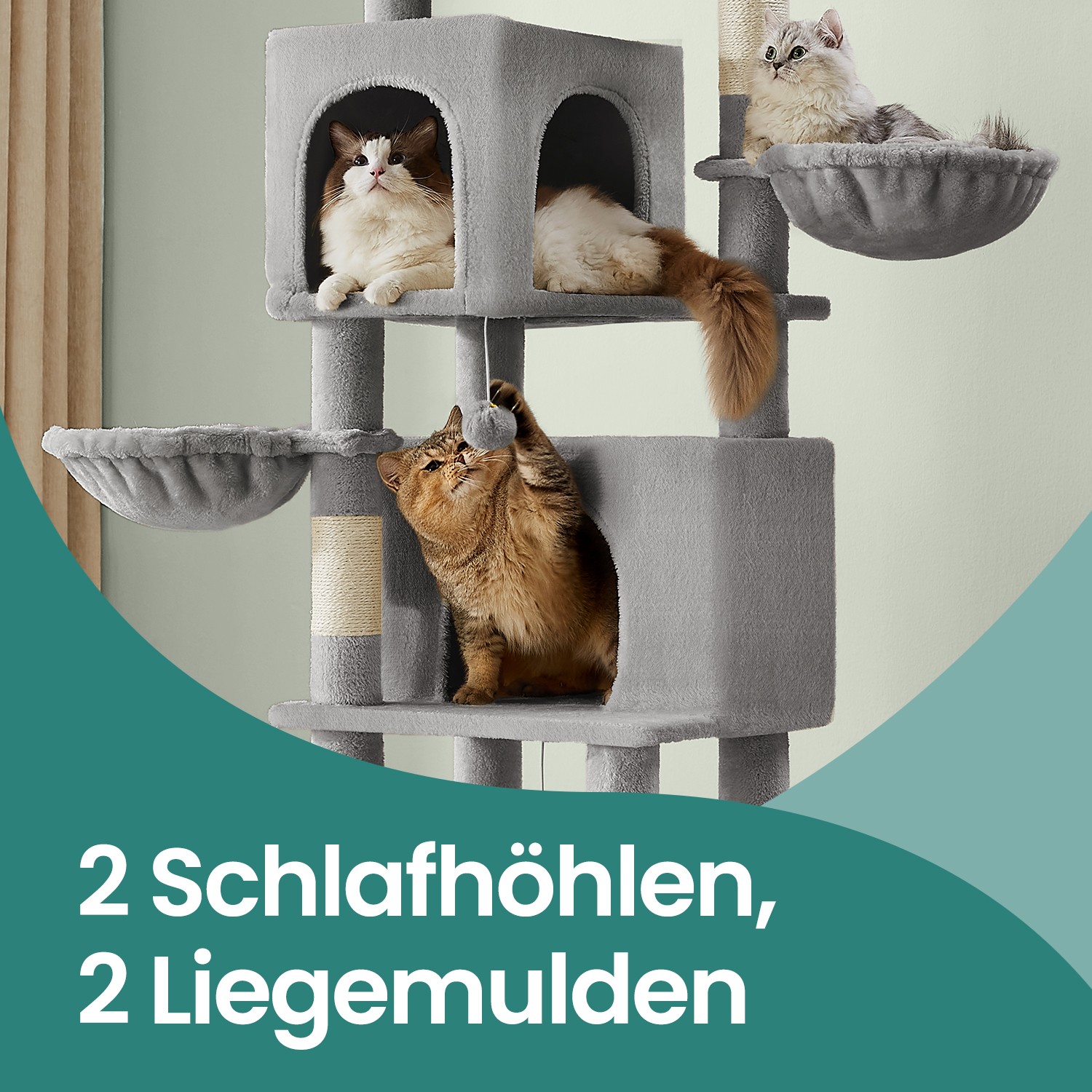 Scratching post, 175 cm high, multi-storey cat tree with 2 caves, - Image 3