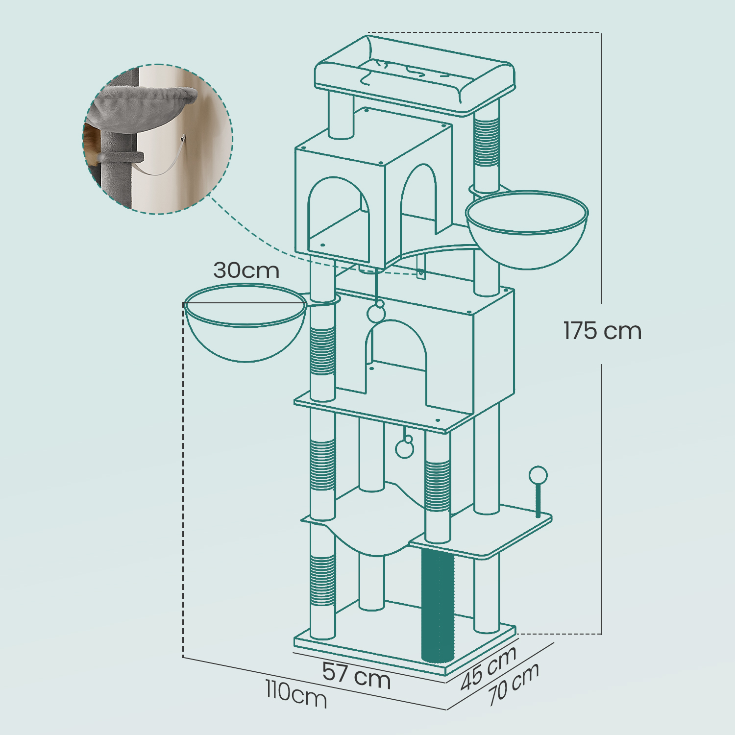 Scratching post, 175 cm high, multi-storey cat tree with 2 caves, - Image 6