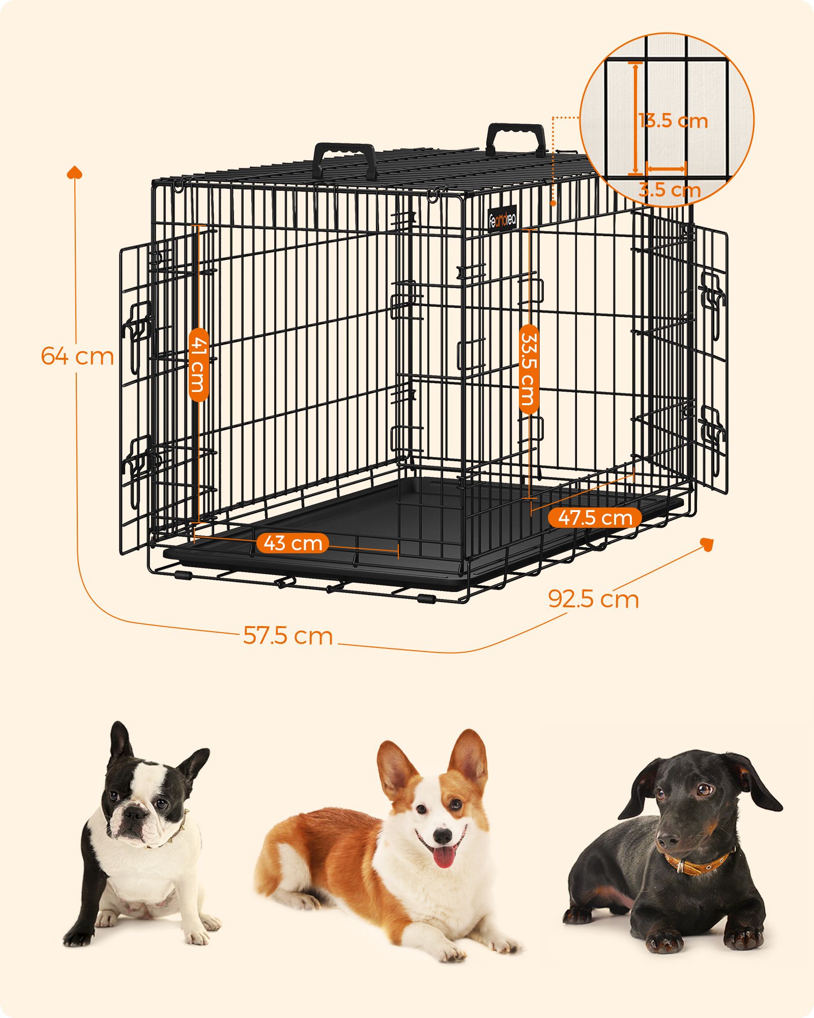 Hundekasse, sammenklappelig, 92,5 cm lang, 2 døre, L, sort - Billede 6