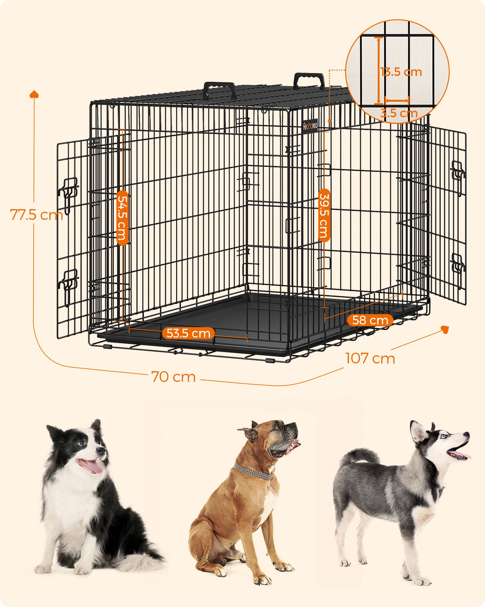 Dog Cage, Dog Crate with 2 Doors, 107 x 70 x 77.5 cm, Black - Image 4