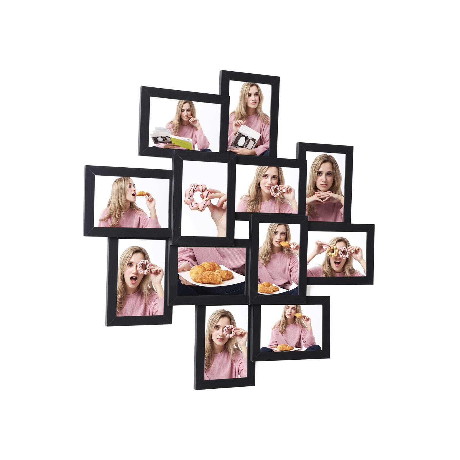 Billedramme Collage til 12 fotos i 4 x 6 tommer, samling påkrævet, collage af flere fotos, klar glasfront, trækorn, sort