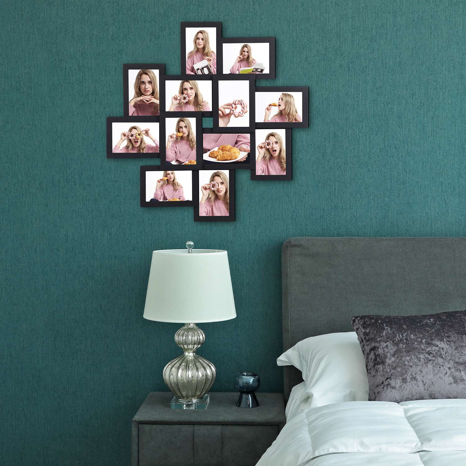 Billedramme Collage til 12 fotos i 4 x 6 tommer, samling påkrævet, collage af flere fotos, klar glasfront, trækorn, sort - Billede 4