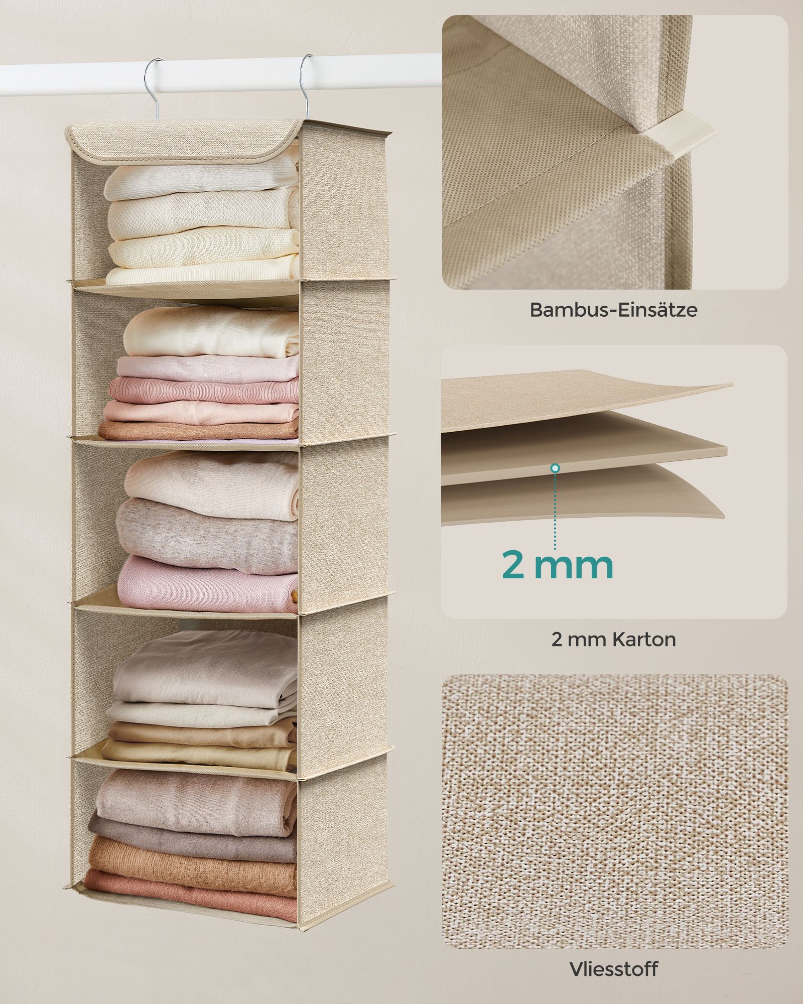 Hanging organiser with metal hooks sand beige - Image 4