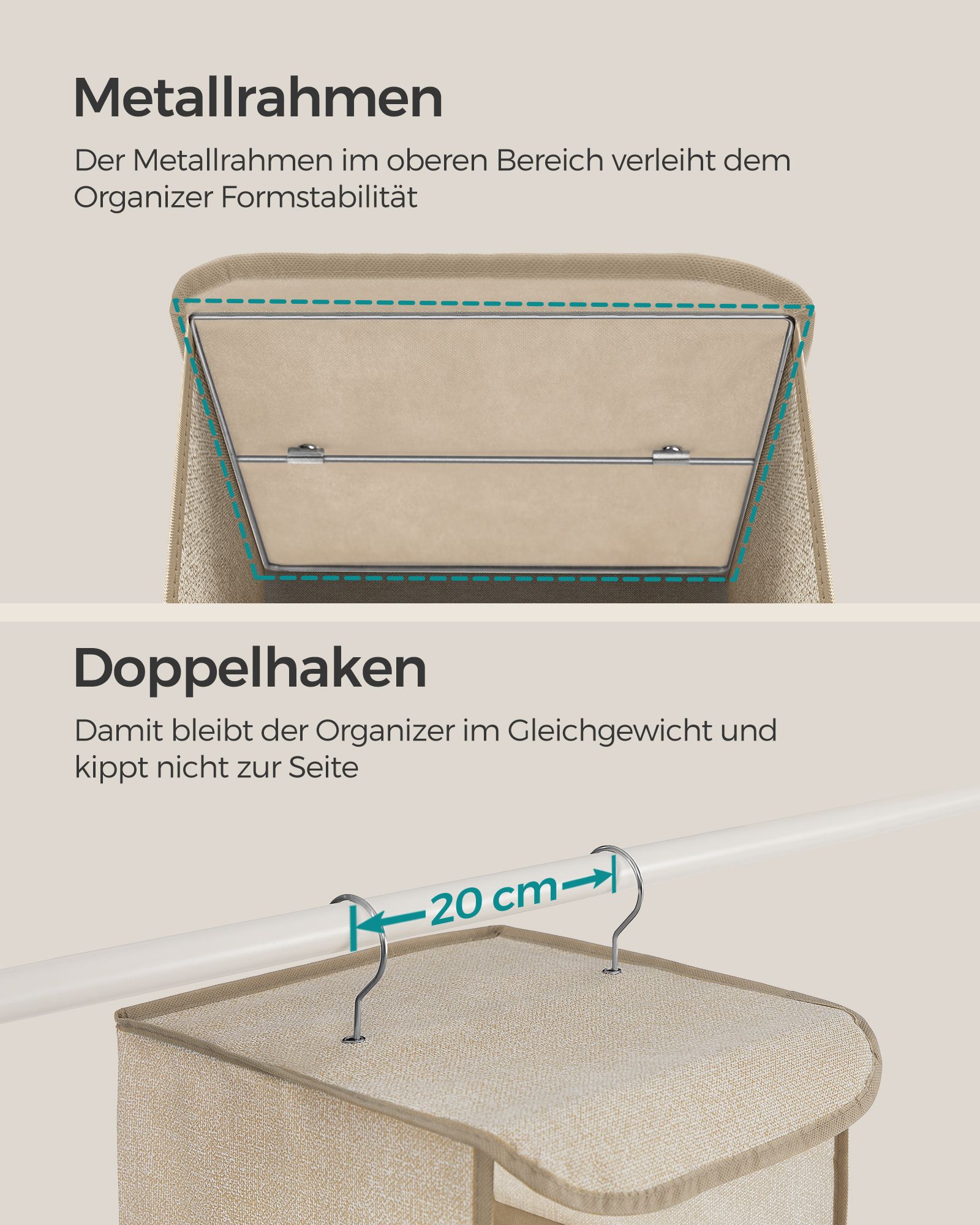Hanging organiser with metal hooks sand beige - Image 5