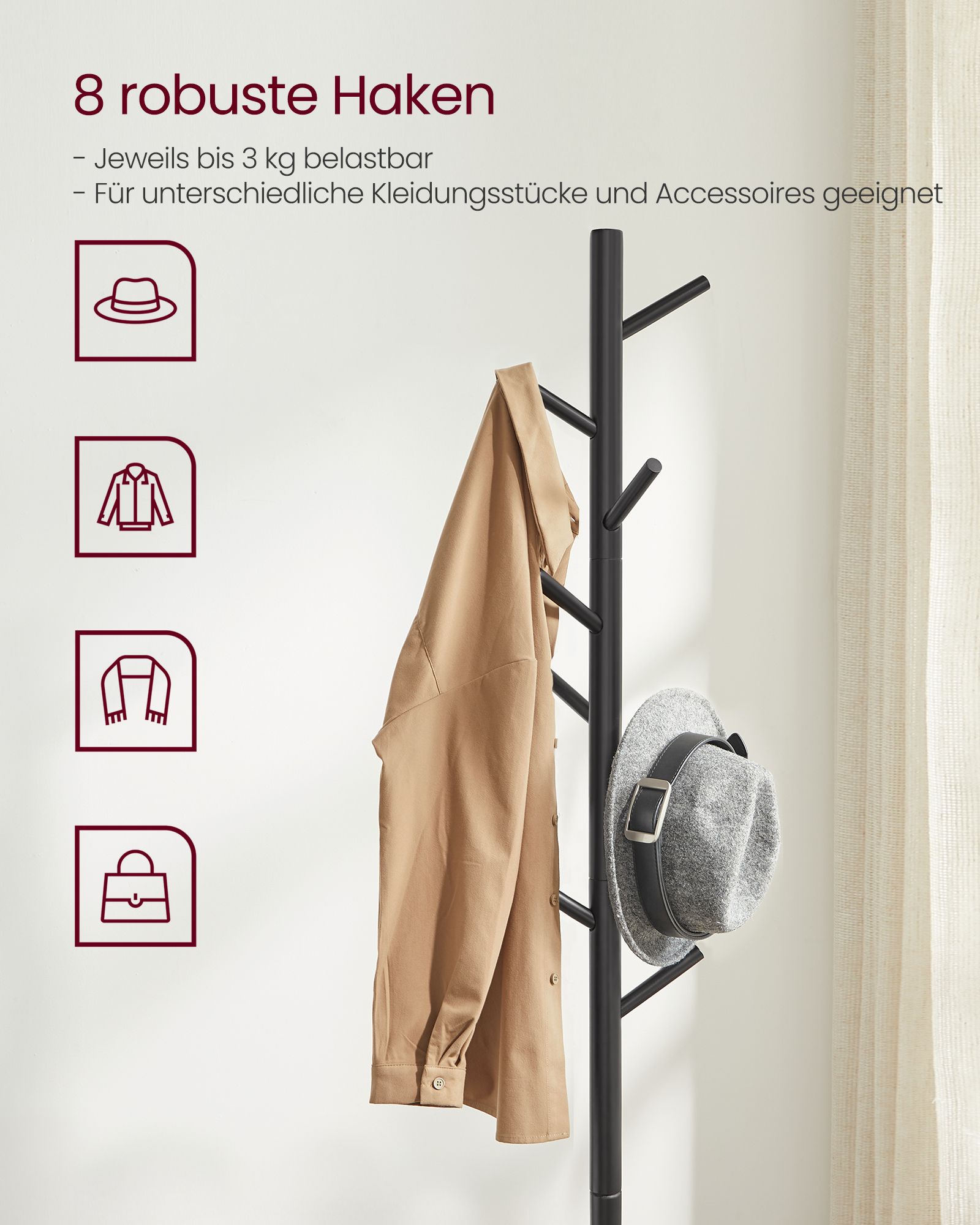 Standing Coat Rack, Solid Wood Coat Rack, Tree-Shaped Coat Rack with 8 Hooks, 3 Height Options, for Clothes, Hats, Bags, for Living Room, Bedroom, Home Office, Black - Image 5