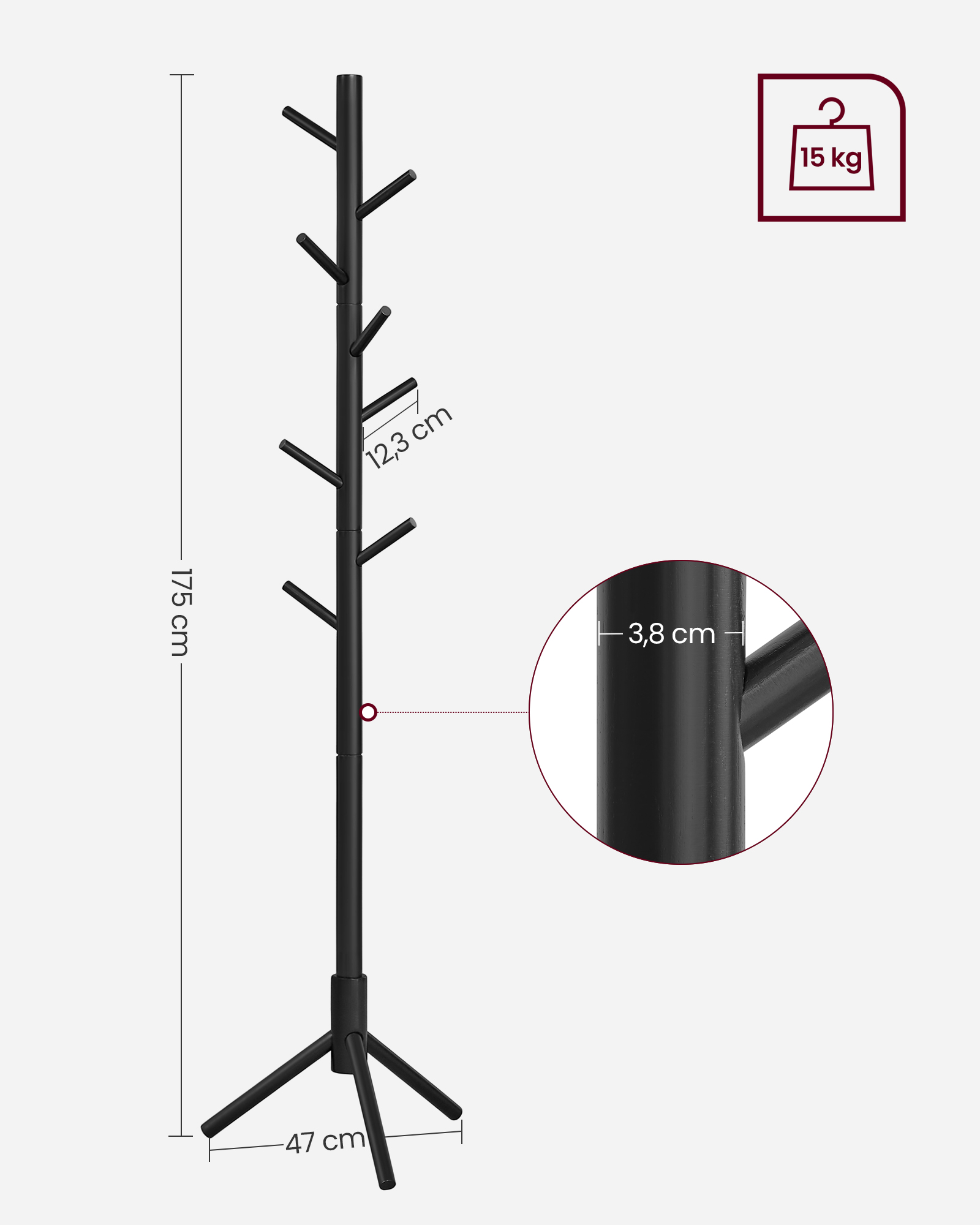 Standing Coat Rack, Solid Wood Coat Rack, Tree-Shaped Coat Rack with 8 Hooks, 3 Height Options, for Clothes, Hats, Bags, for Living Room, Bedroom, Home Office, Black - Image 6