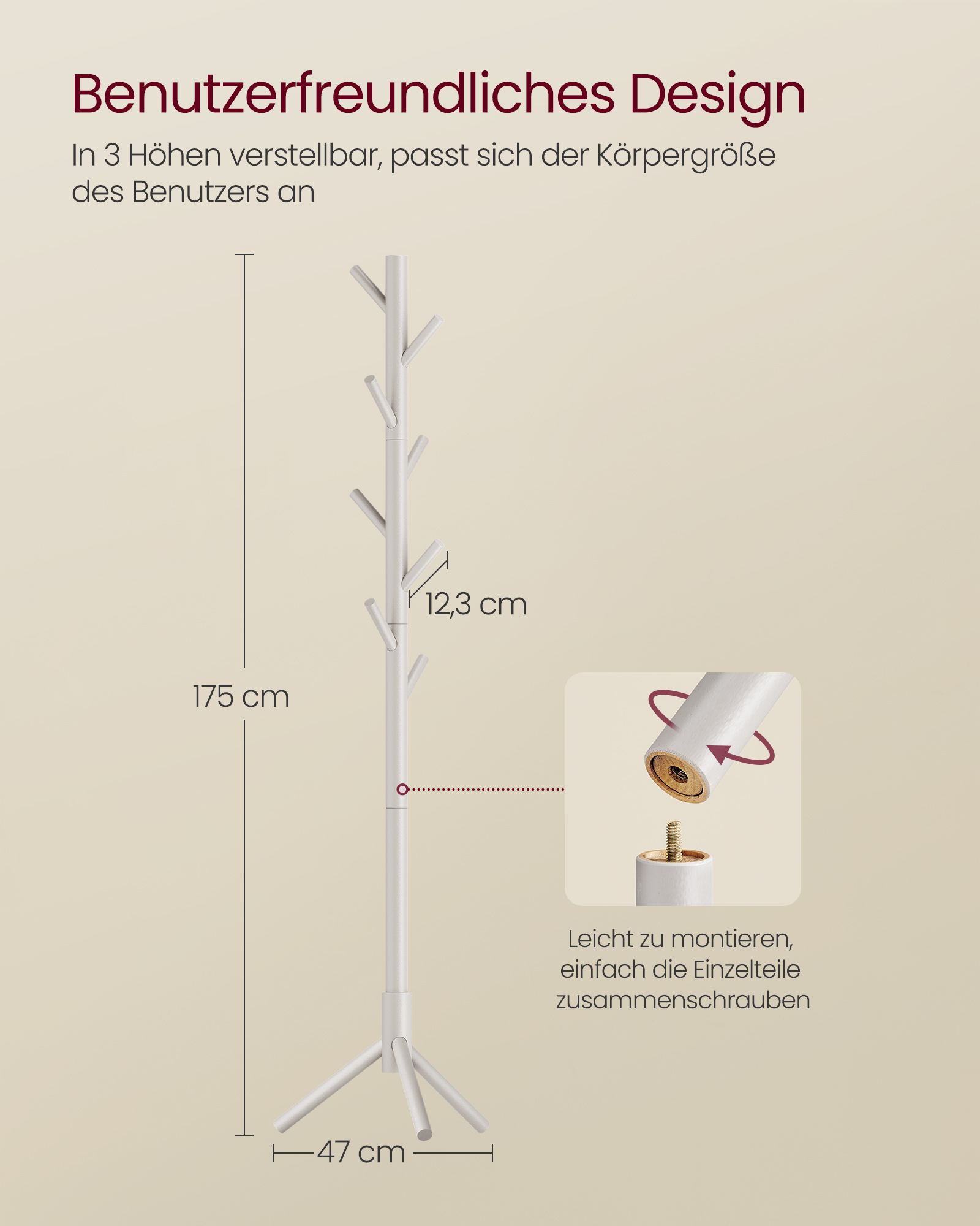 Kløpstativ i massivt træ Kløpstativ i træform 8 kroge 3 justerbare højder til tøj, hat, taske, stue, soveværelse, kontor Cappuccino Beige - Billede 5