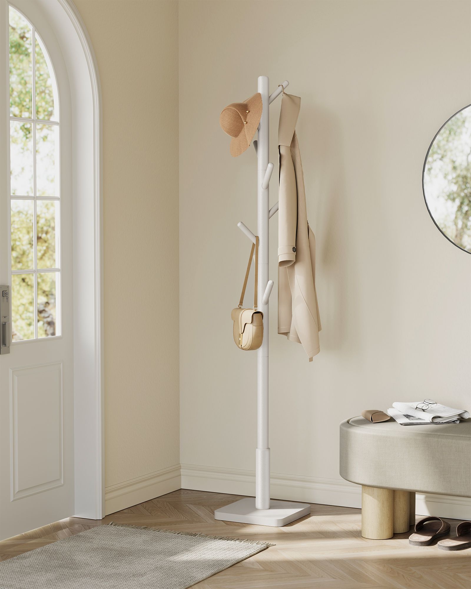 Portemanteau, Portant à Vêtements en Bois, Support sur Pieds avec 8 Crochets, 3 Hauteurs, pour Manteaux, Chapeaux, Sacs, pour Entrée, Couloir, Bois d'Hévéa, Beige Cappuccino - Billede 2