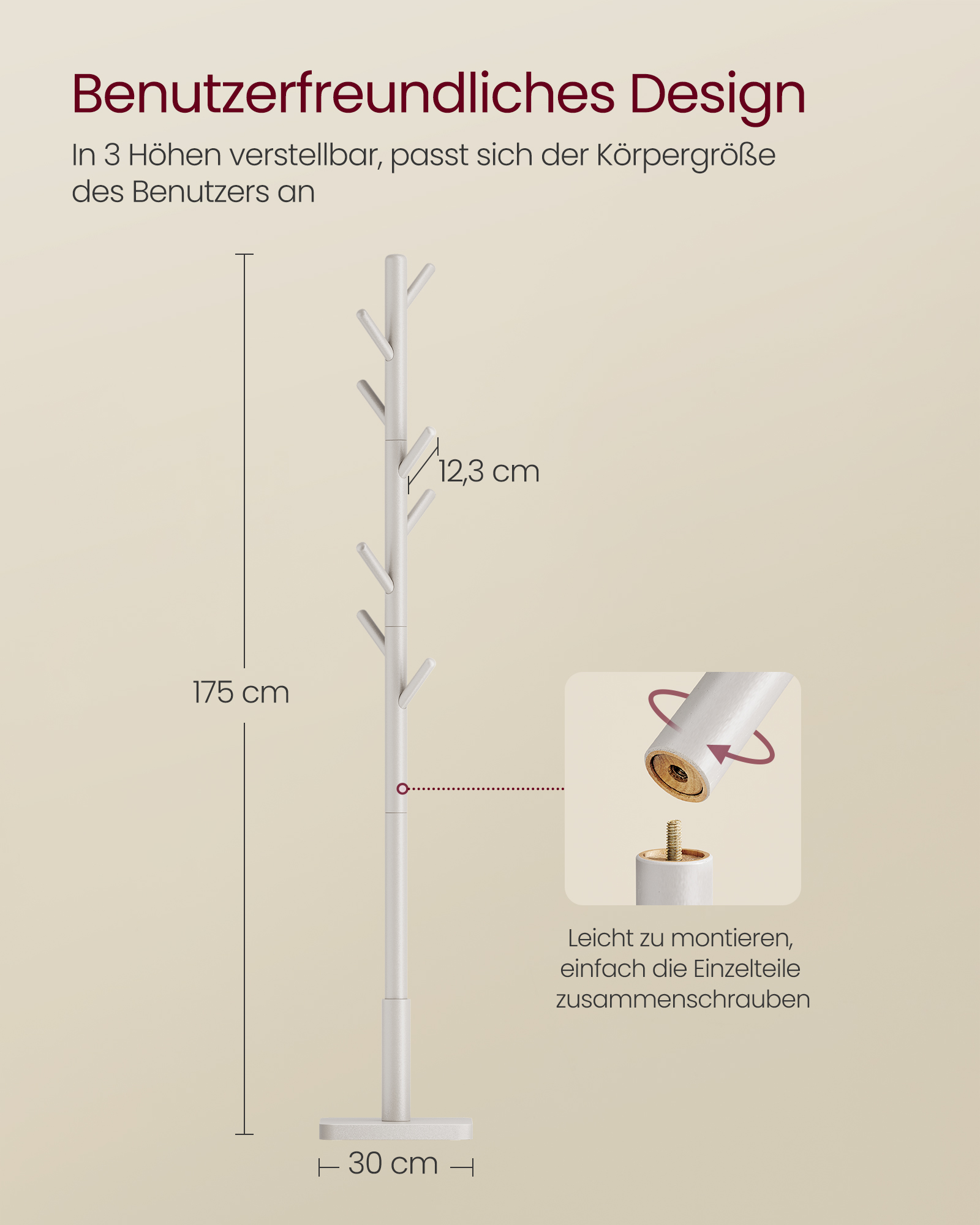 Portemanteau, Portant à Vêtements en Bois, Support sur Pieds avec 8 Crochets, 3 Hauteurs, pour Manteaux, Chapeaux, Sacs, pour Entrée, Couloir, Bois d'Hévéa, Beige Cappuccino - Billede 5