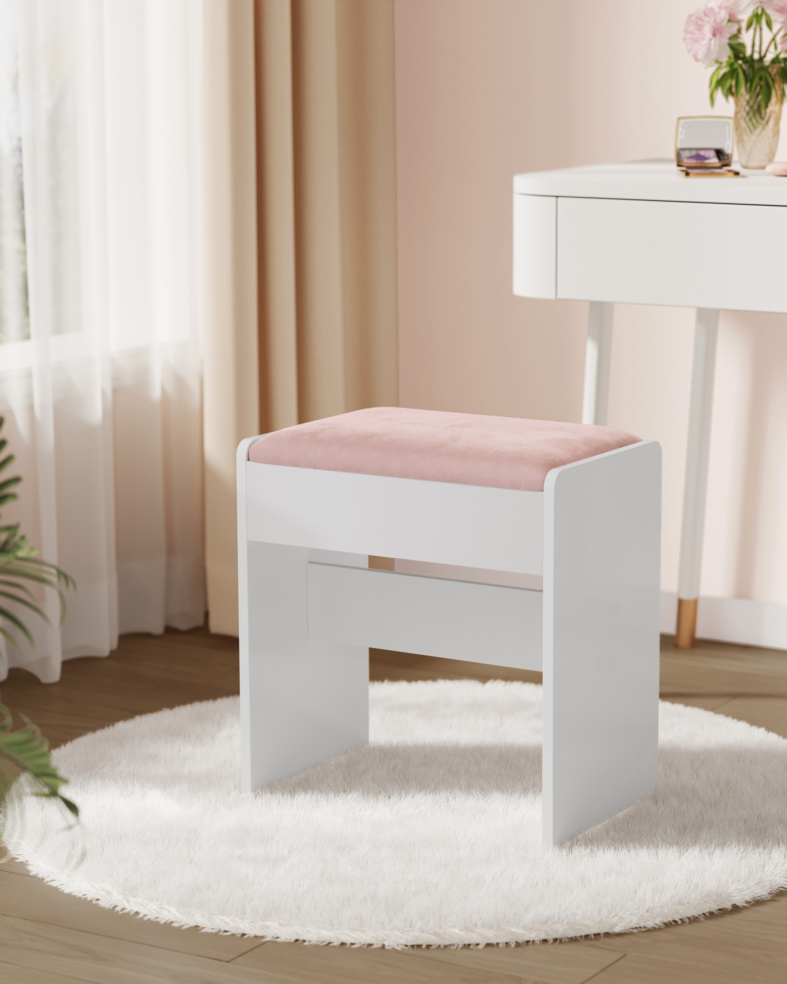 Velvet dressing table stool matt white-pastel pink - Image 2