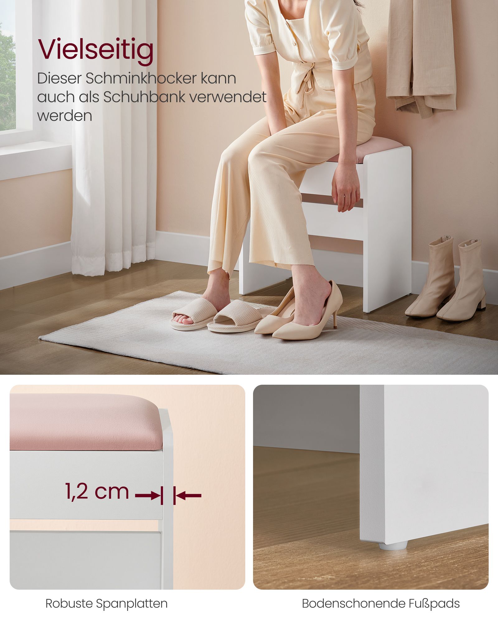 Velvet dressing table stool matt white-pastel pink - Image 3