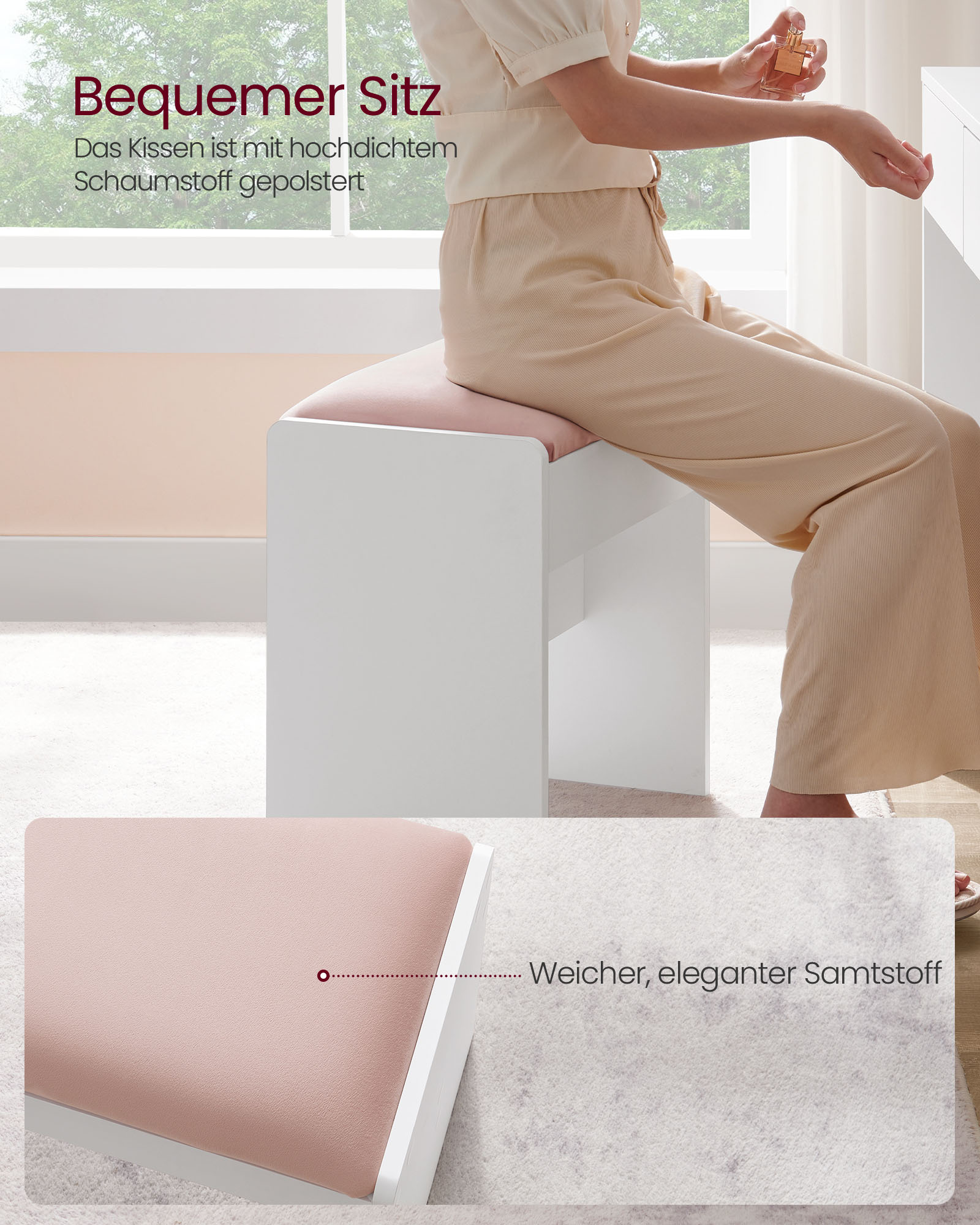 Velvet dressing table stool matt white-pastel pink - Image 4