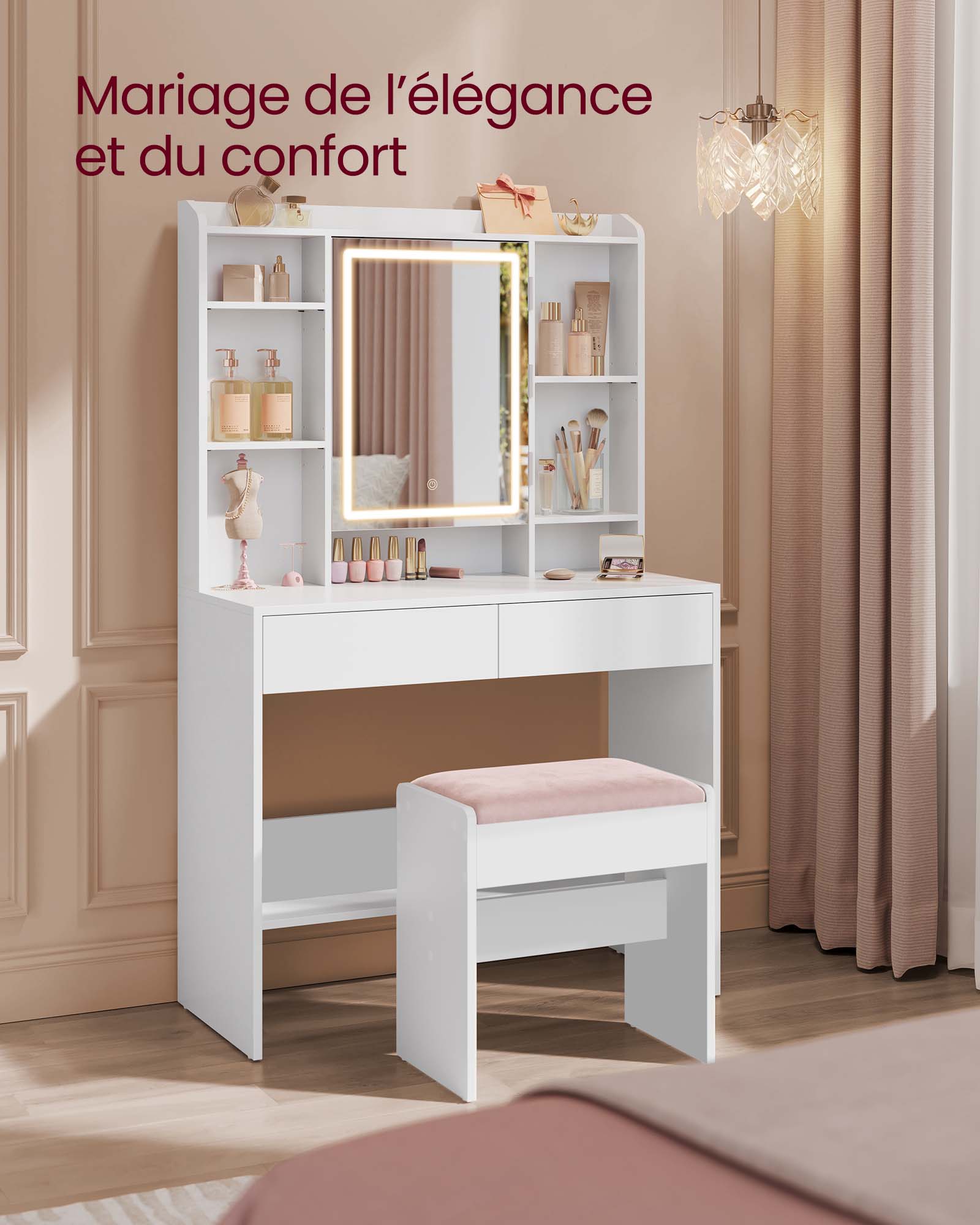 Velvet dressing table stool matt white-pastel pink - Image 6