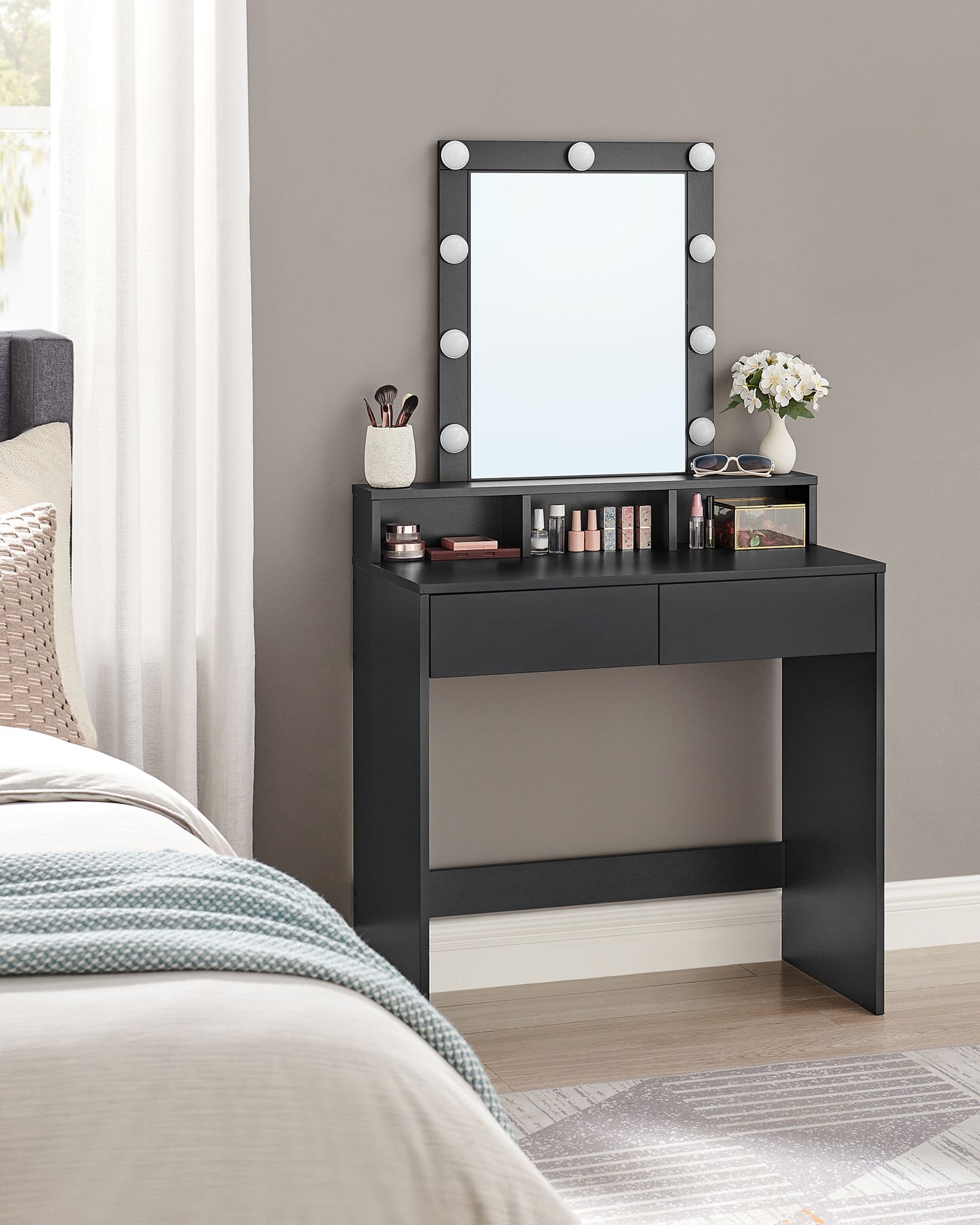 Toiletbord, LED-lys med justerbar lysstyrke, makeupbord med spejl, 2 skuffer og 3 rum, moderne, sort RDT114T16 - Billede 2
