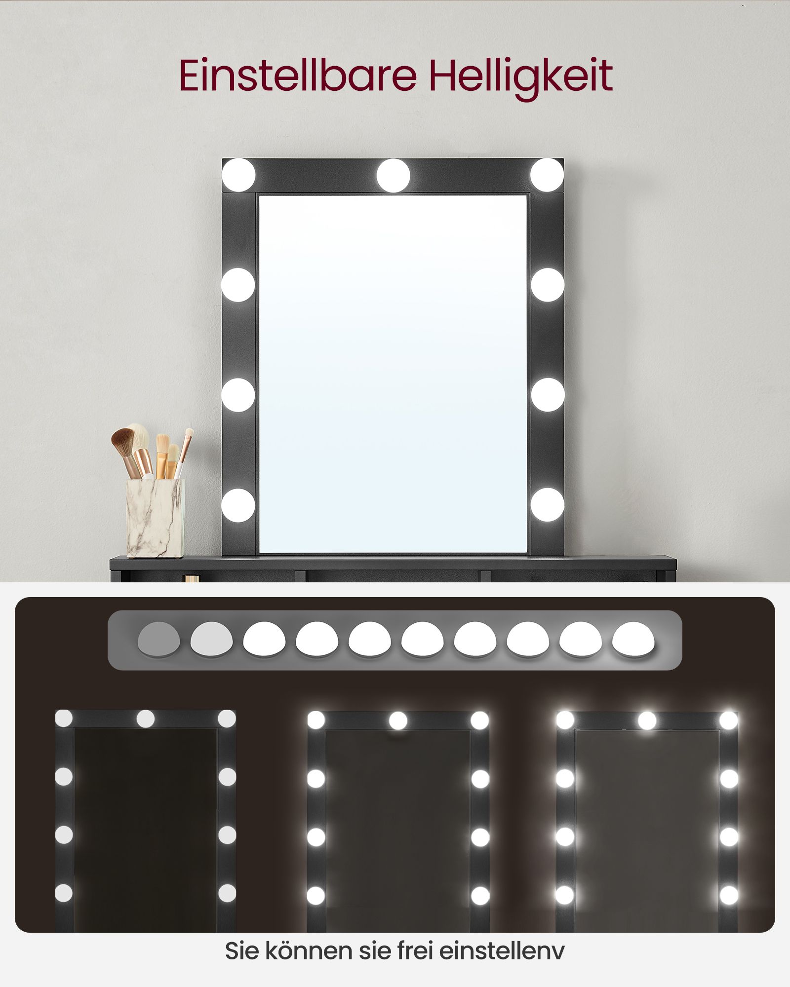 Toiletbord, LED-lys med justerbar lysstyrke, makeupbord med spejl, 2 skuffer og 3 rum, moderne, sort RDT114T16 - Billede 3