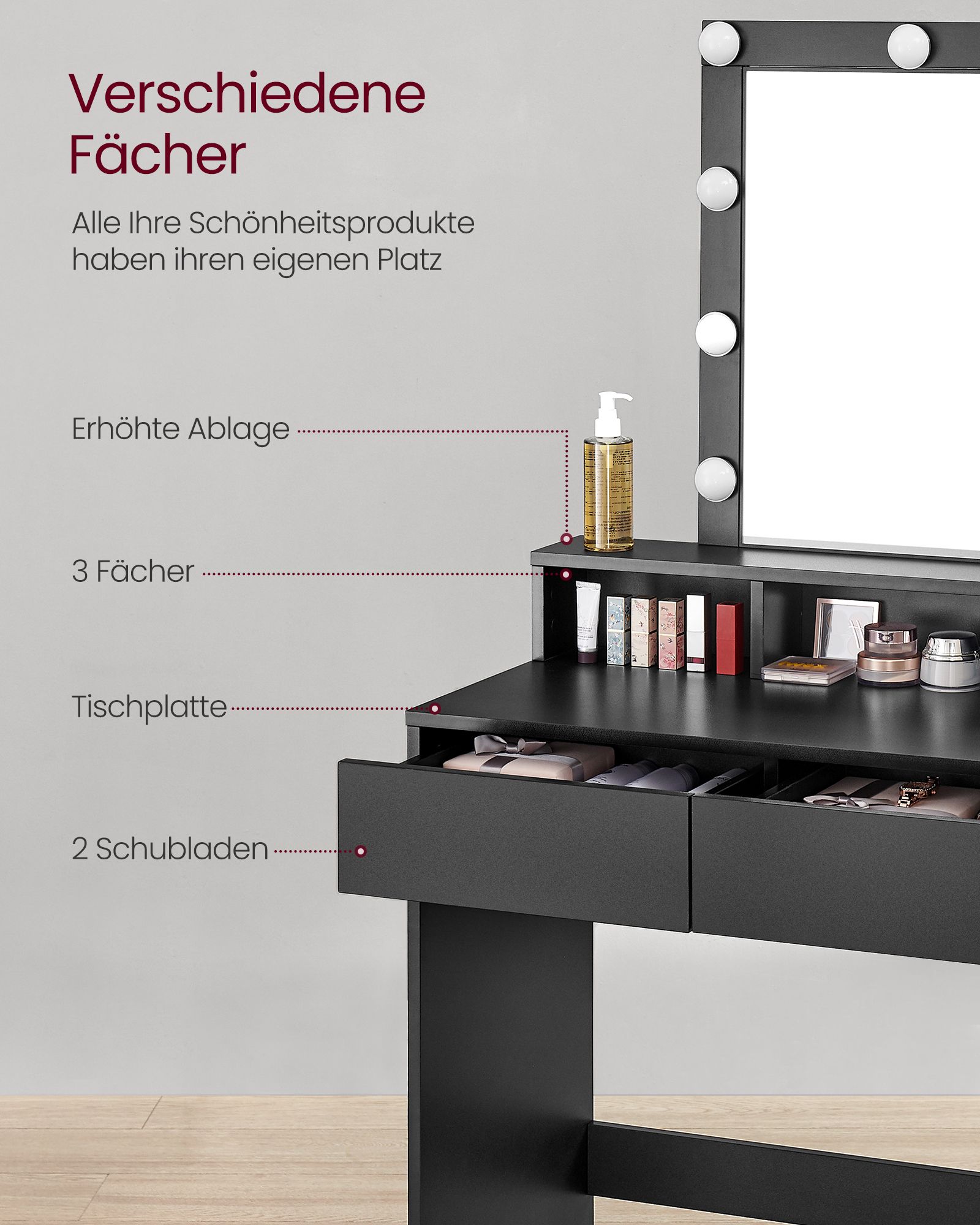 Toiletbord, LED-lys med justerbar lysstyrke, makeupbord med spejl, 2 skuffer og 3 rum, moderne, sort RDT114T16 - Billede 4