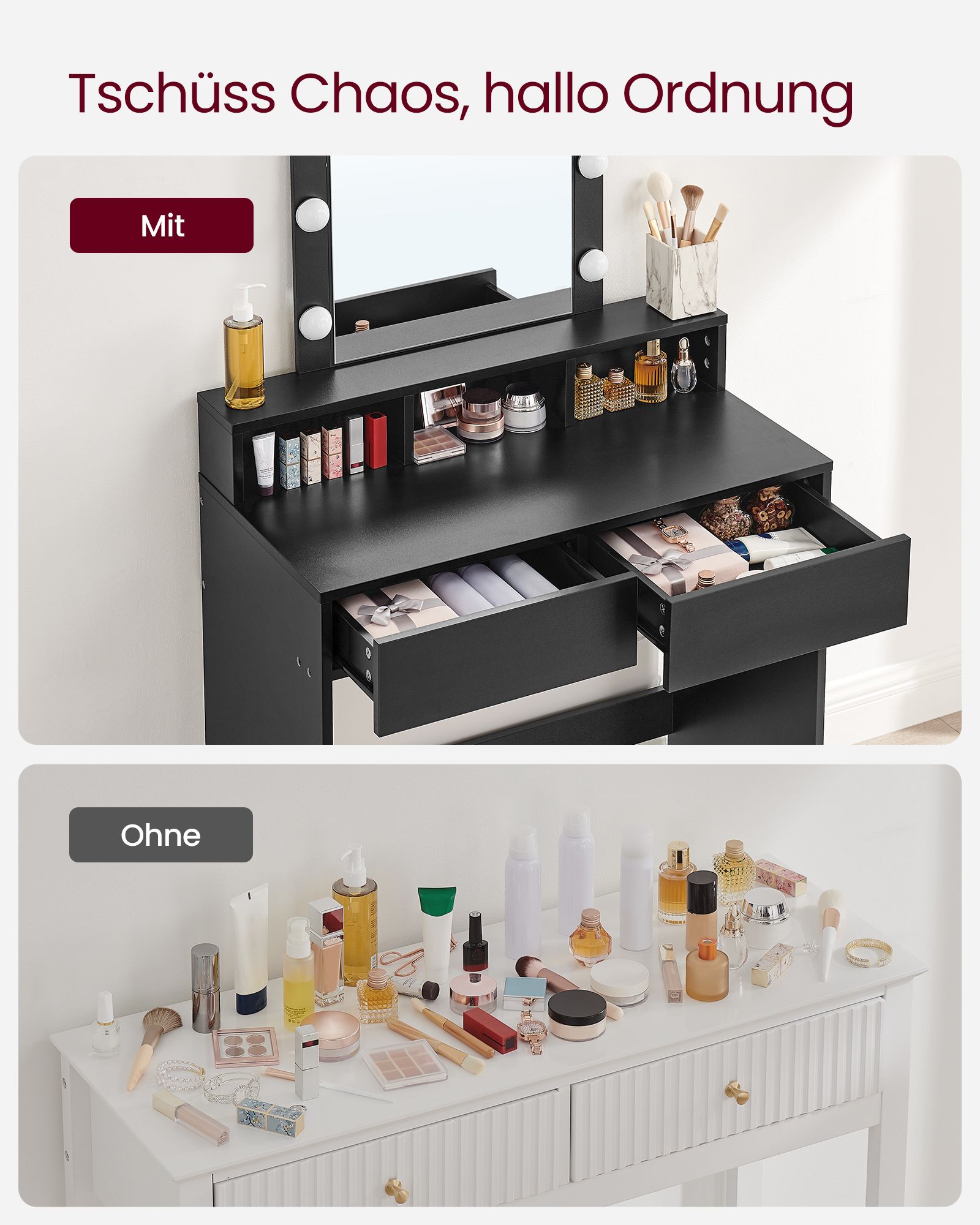 Toiletbord, LED-lys med justerbar lysstyrke, makeupbord med spejl, 2 skuffer og 3 rum, moderne, sort RDT114T16 - Billede 5