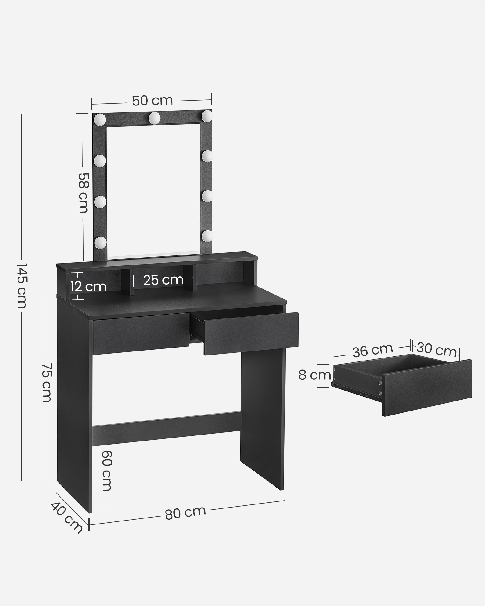 Toiletbord, LED-lys med justerbar lysstyrke, makeupbord med spejl, 2 skuffer og 3 rum, moderne, sort RDT114T16 - Billede 6