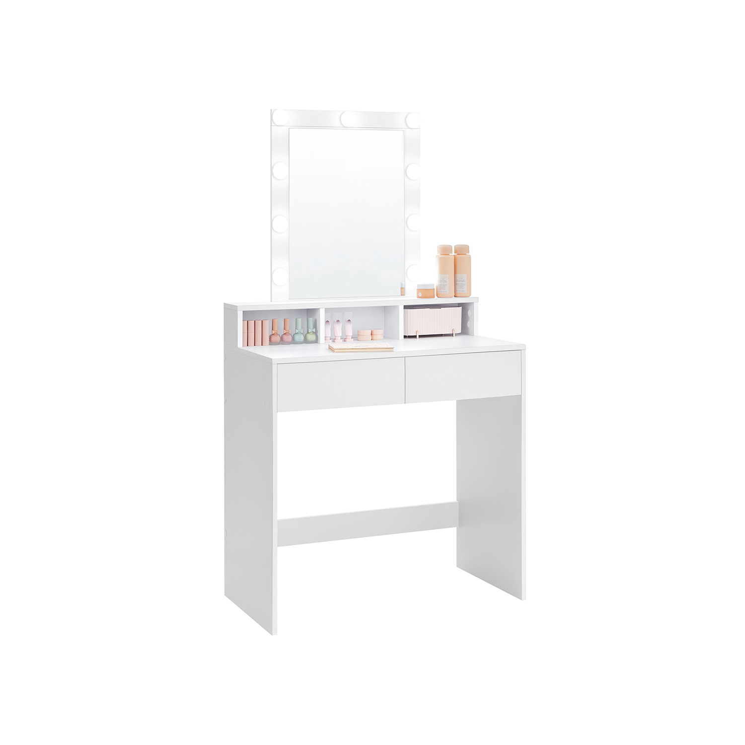 RDT114W01 Dressing Table with Mirror and Bulbs, Cosmetic Table with 2 Drawers and 3 Open Compartments, Dressing Table for Makeup, Modern, White